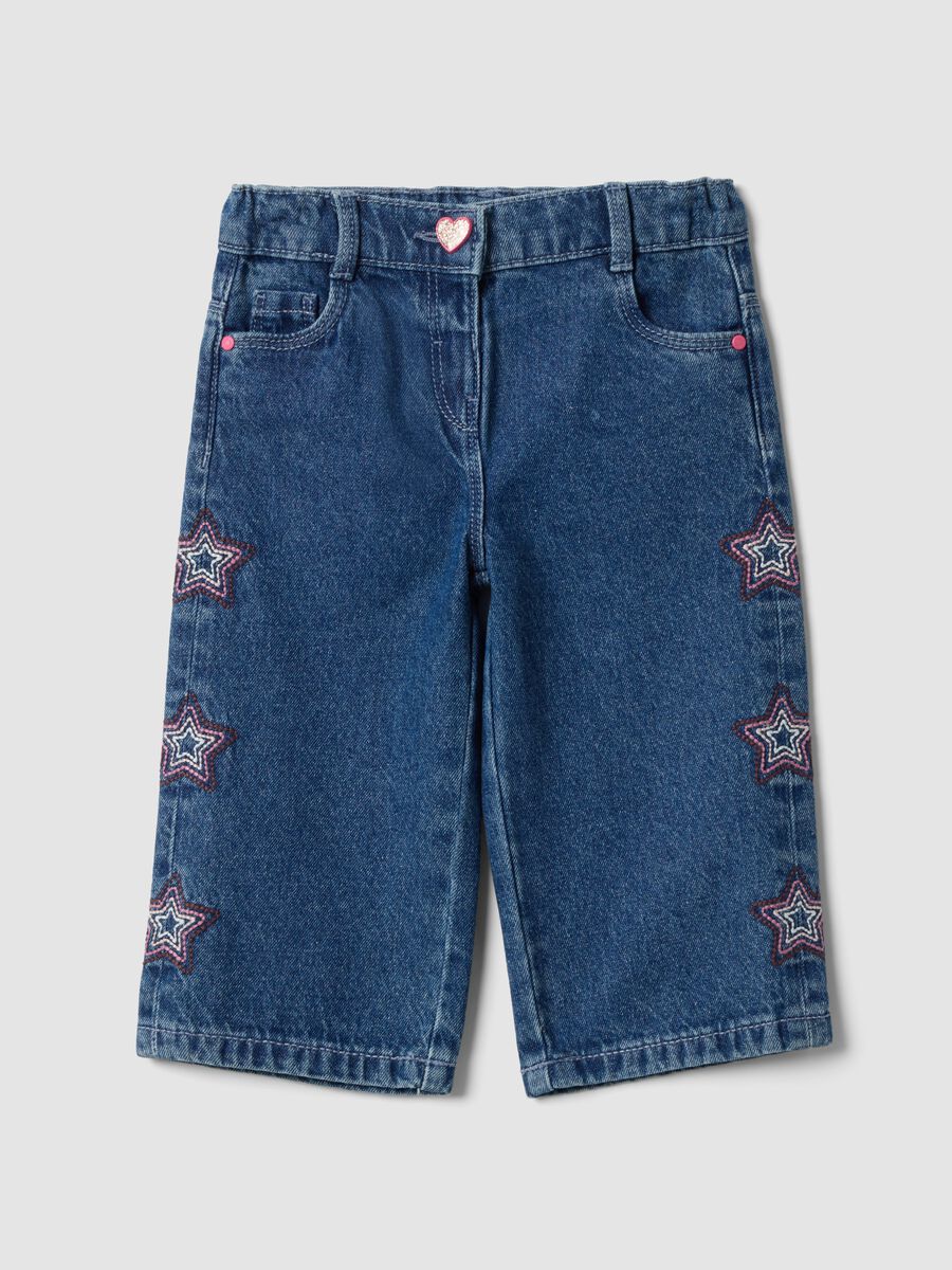 Jeans blu wide leg in puro cotone con stelle ricamate per bimba_0