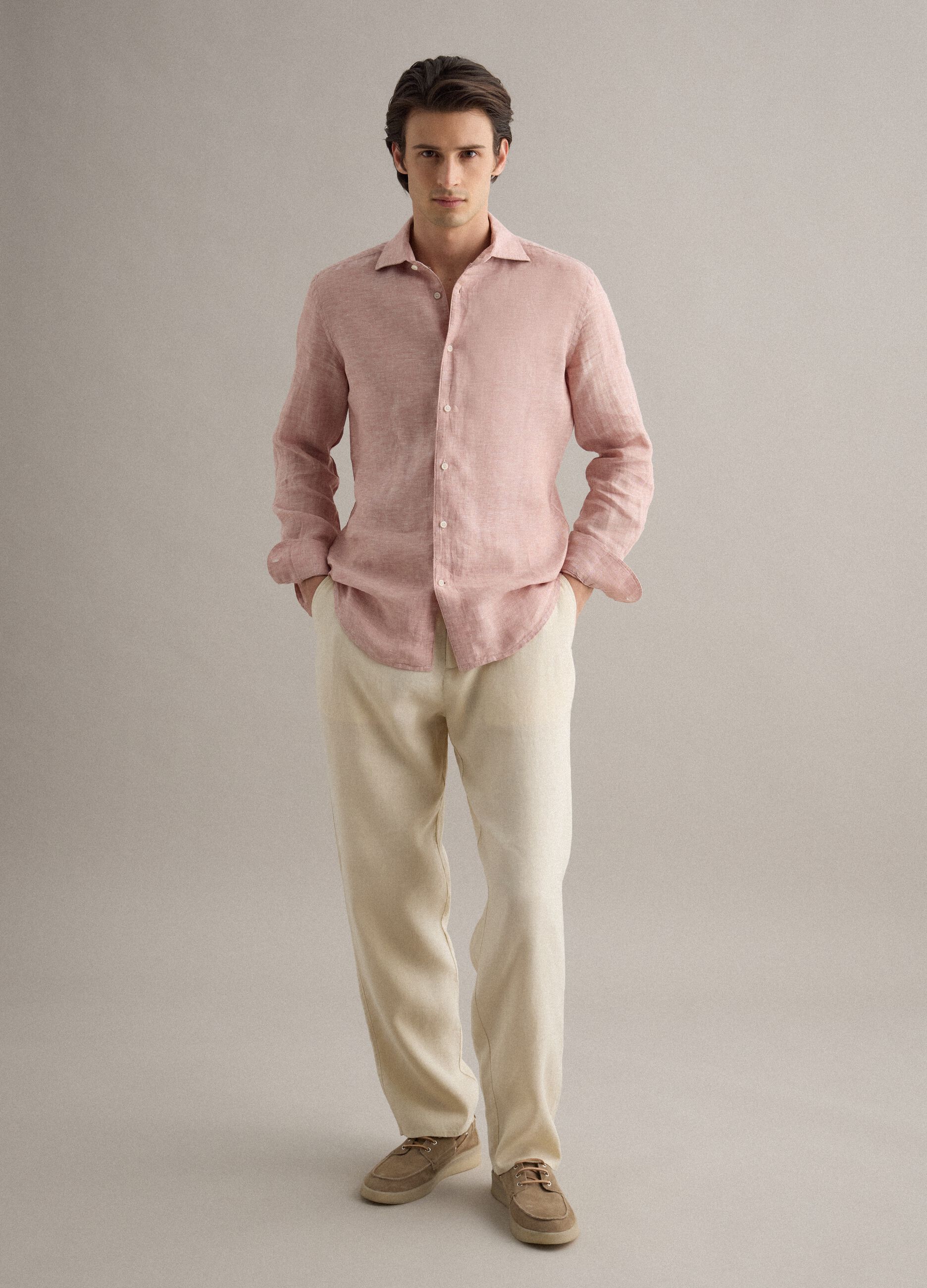 Slim Fit Long Sleeve Pink Pure Linen Shirt