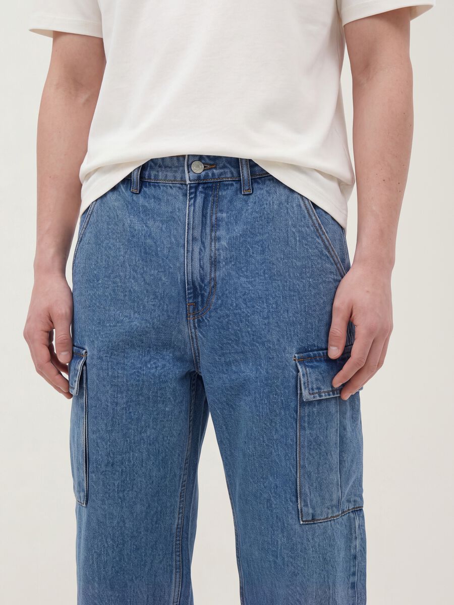 Blue pure cotton wide-leg cargo jeans_4