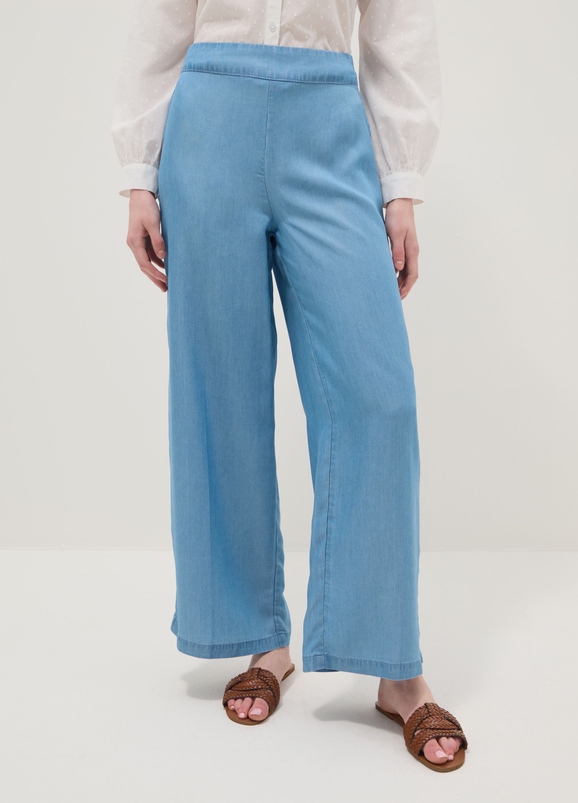 Light blue pure lyocell palazzo trousers with elasticated waist, wide-leg