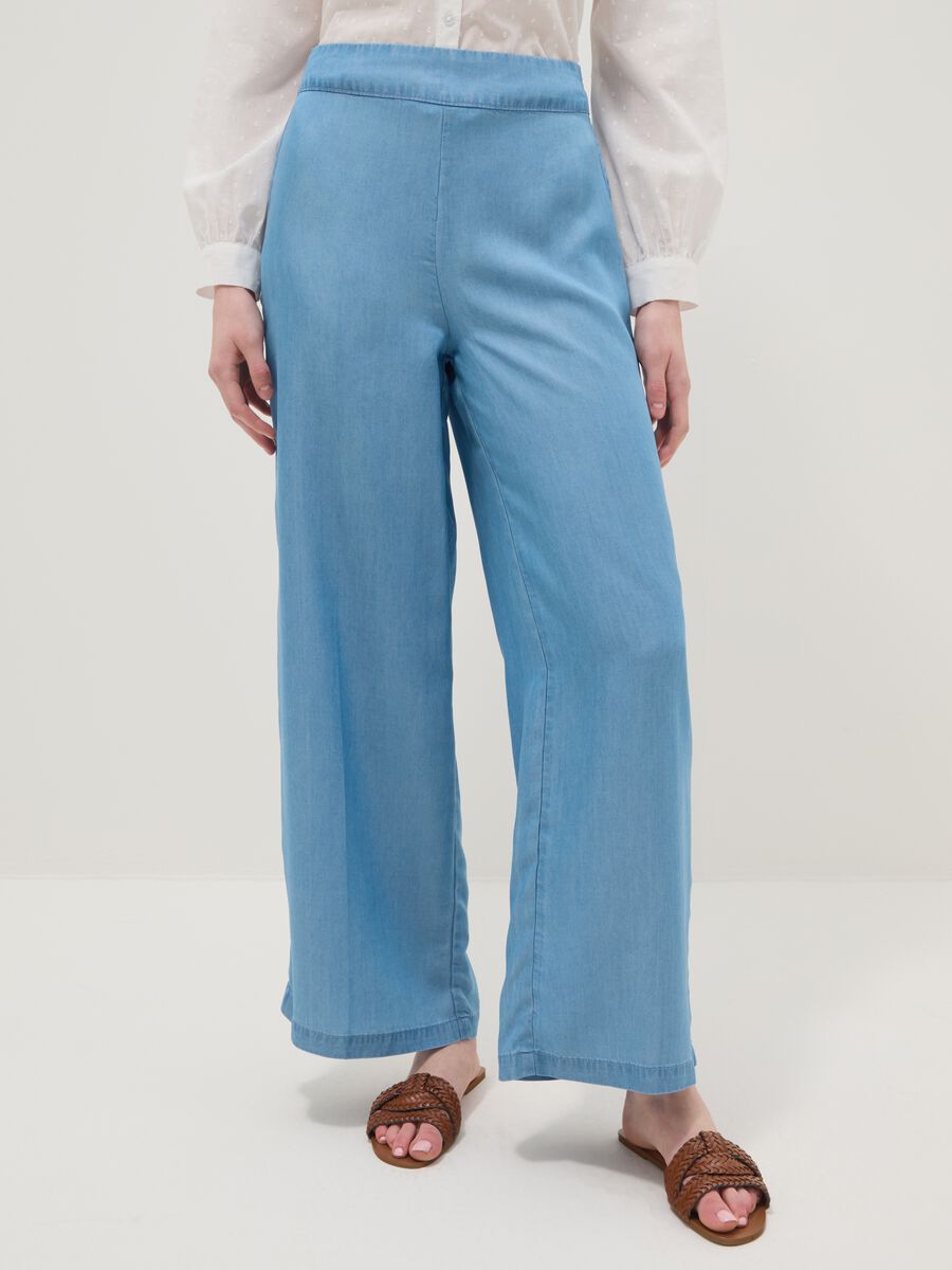 Light blue pure lyocell palazzo trousers with elasticated waist, wide-leg_1