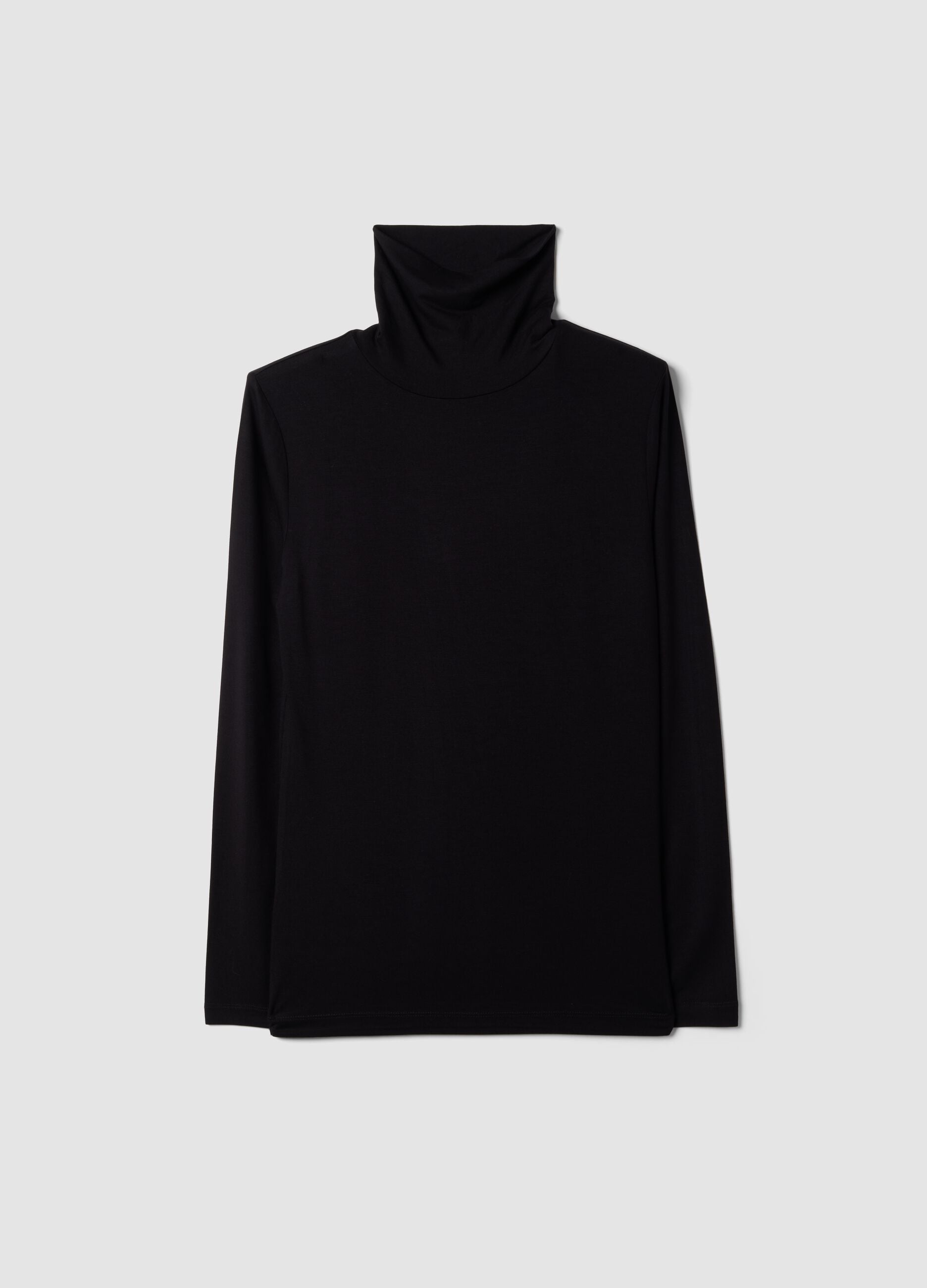 Black stretch viscose top with raised neckline, regular fit