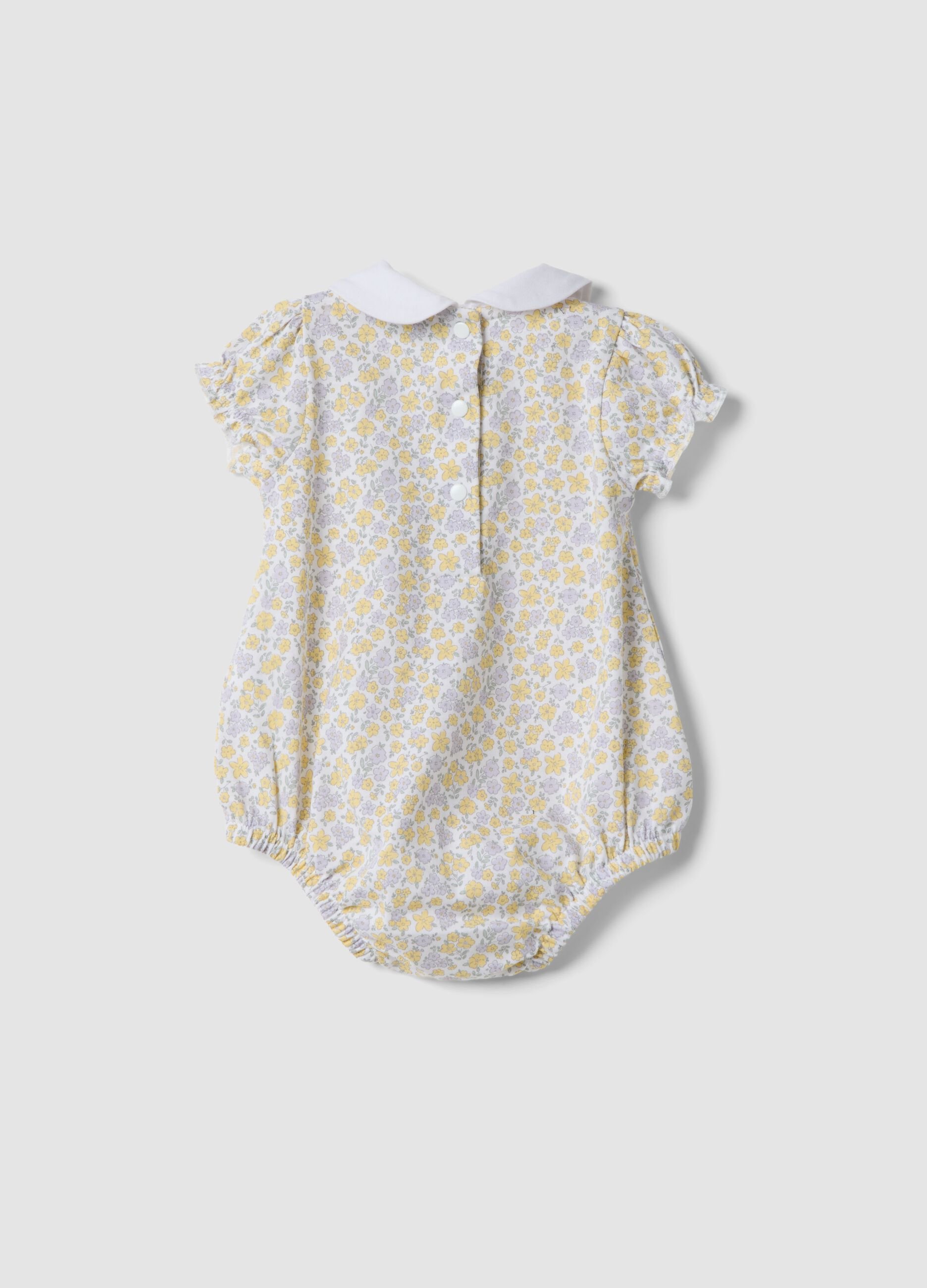 White pure organic cotton bodysuit with collar and floral print