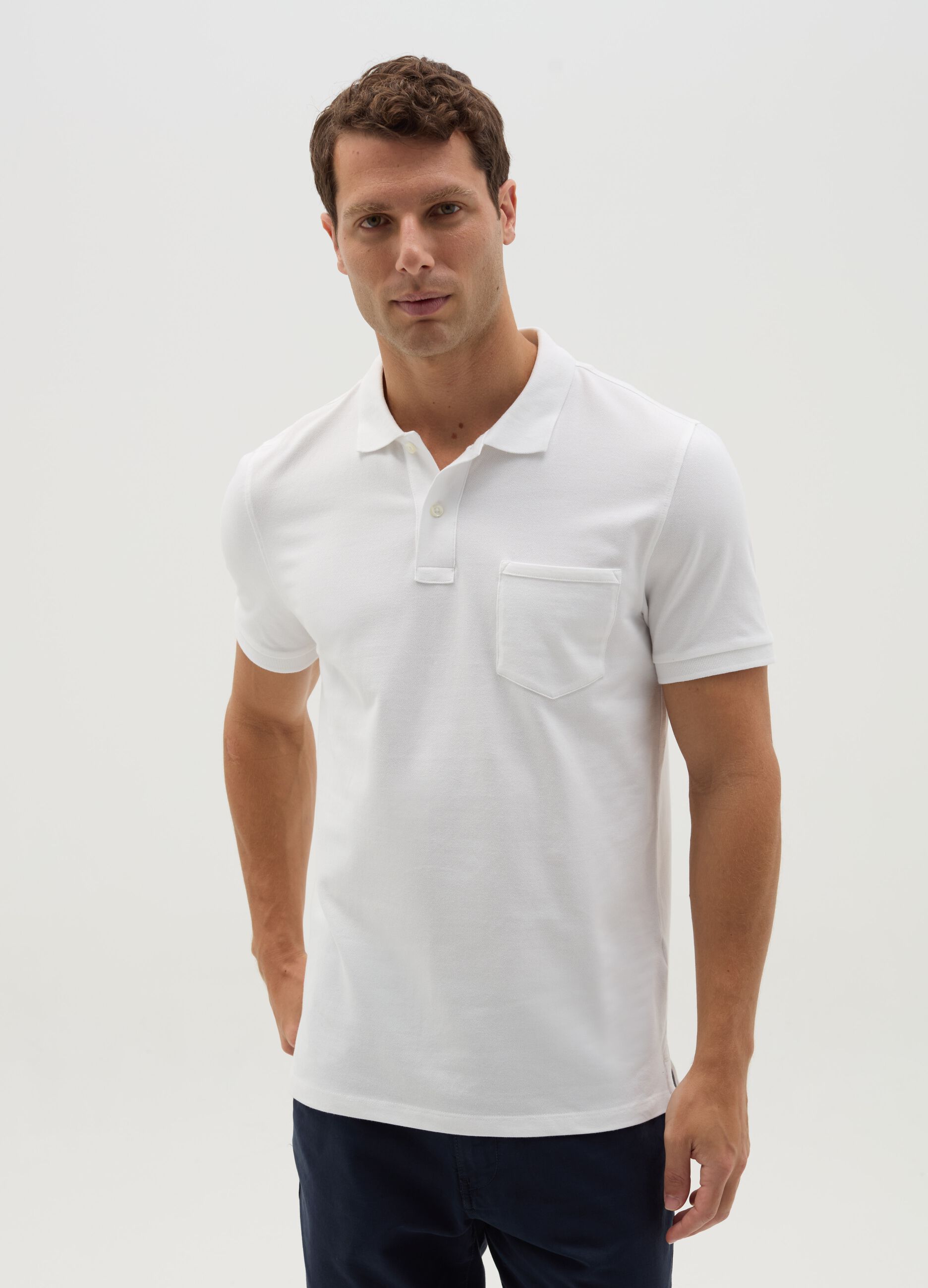 Stretch cotton polo shirt with pocket