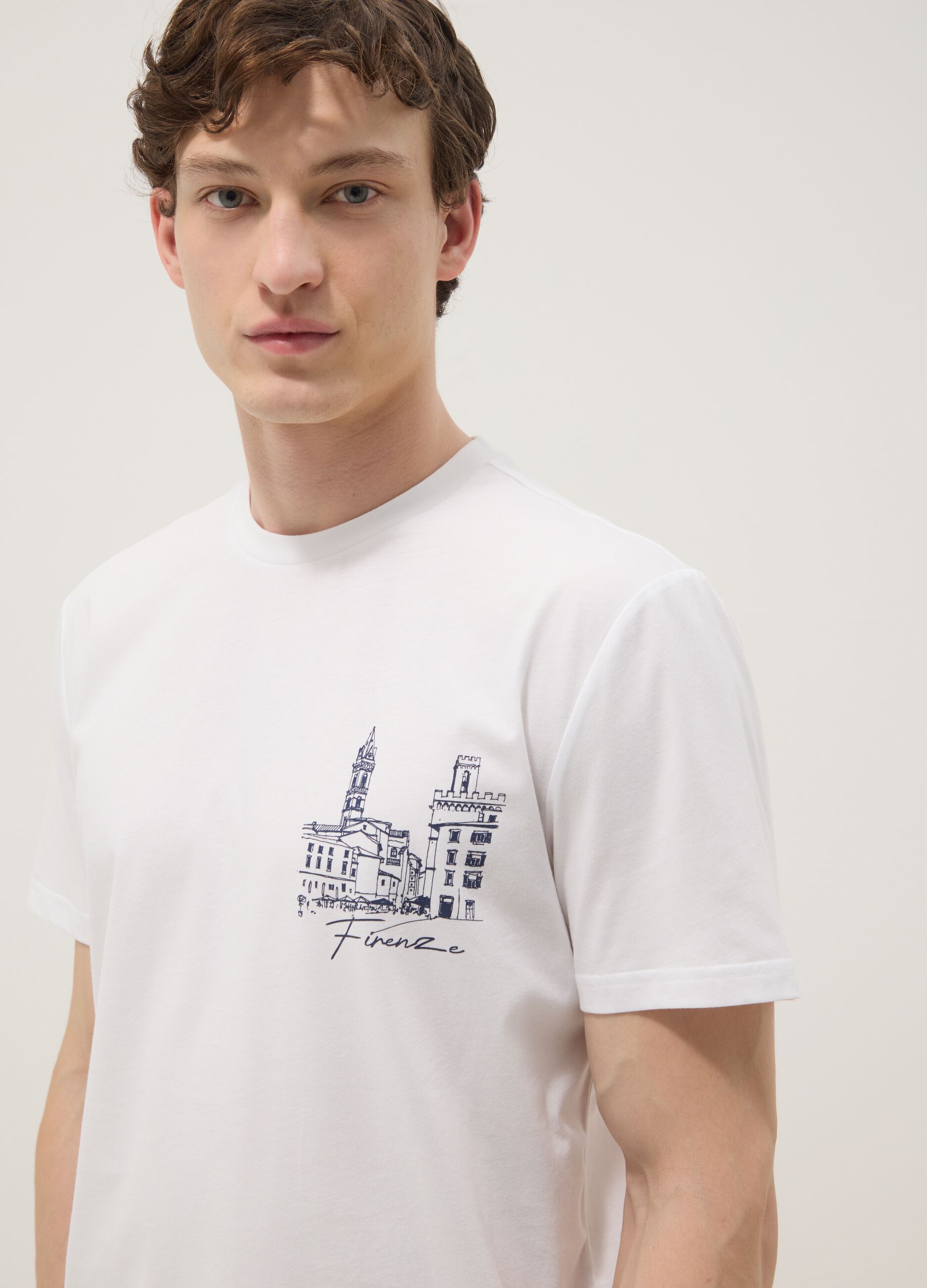 White pure cotton T-shirt with front print, regular fit