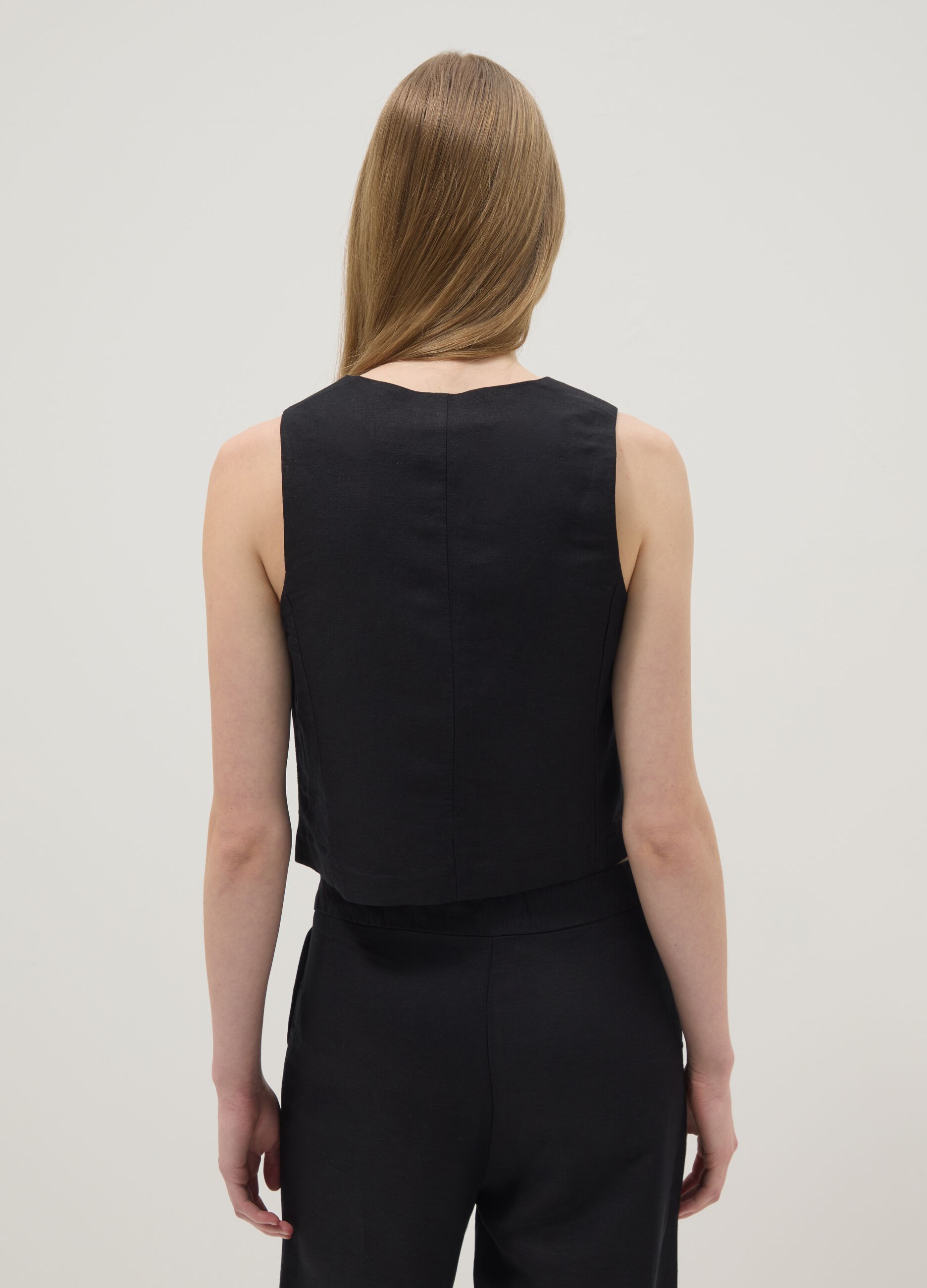 Black linen-blend slim-fit waistcoat with buttons