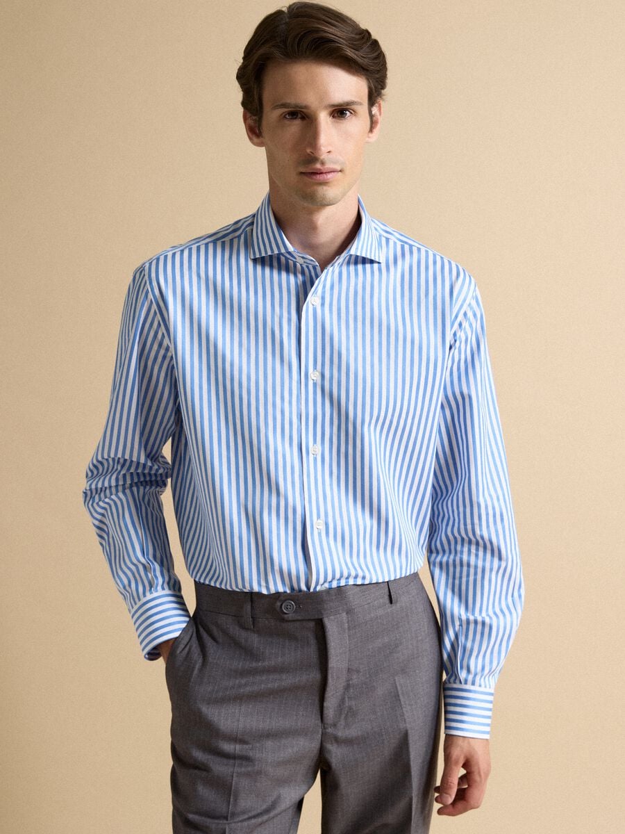 Camicia blu e bianca a righe in puro cotone regular fit_1