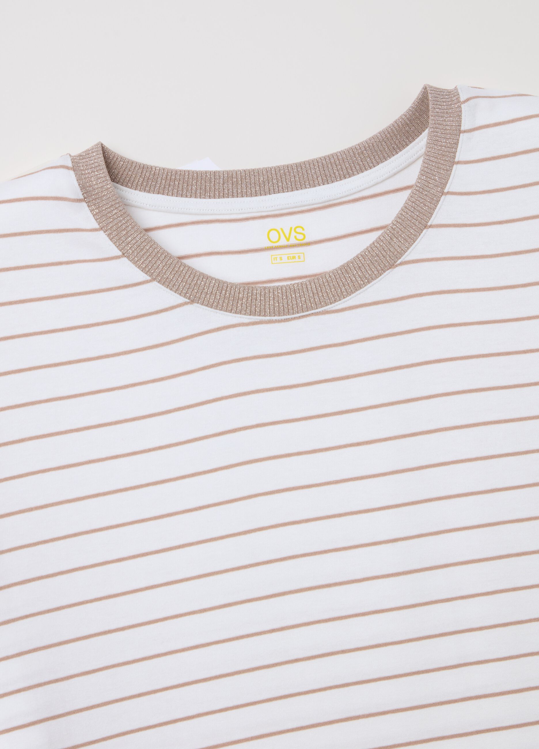 White and beige striped T-shirt with short sleeves