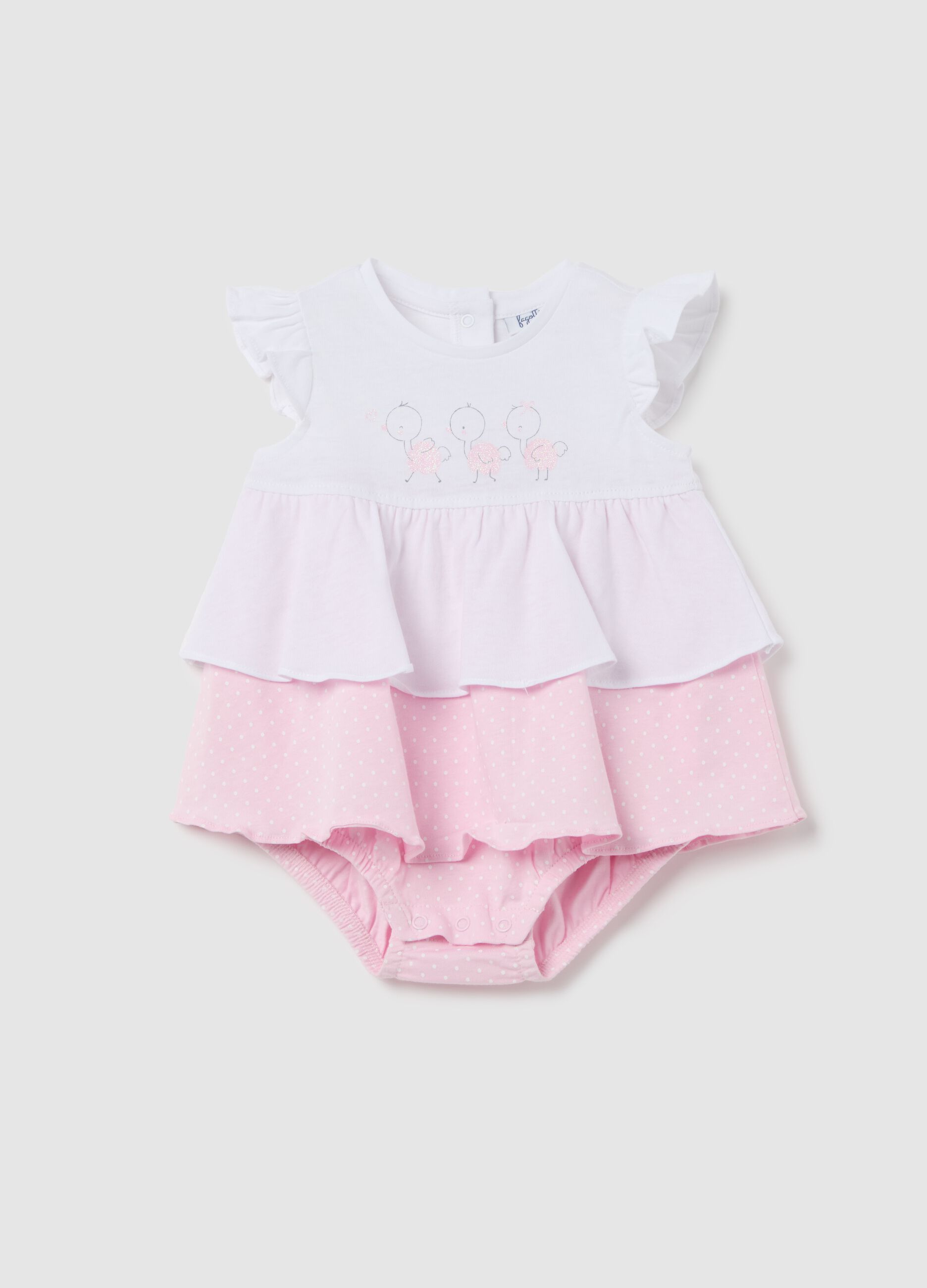Cotton romper suit with frills and glitter print