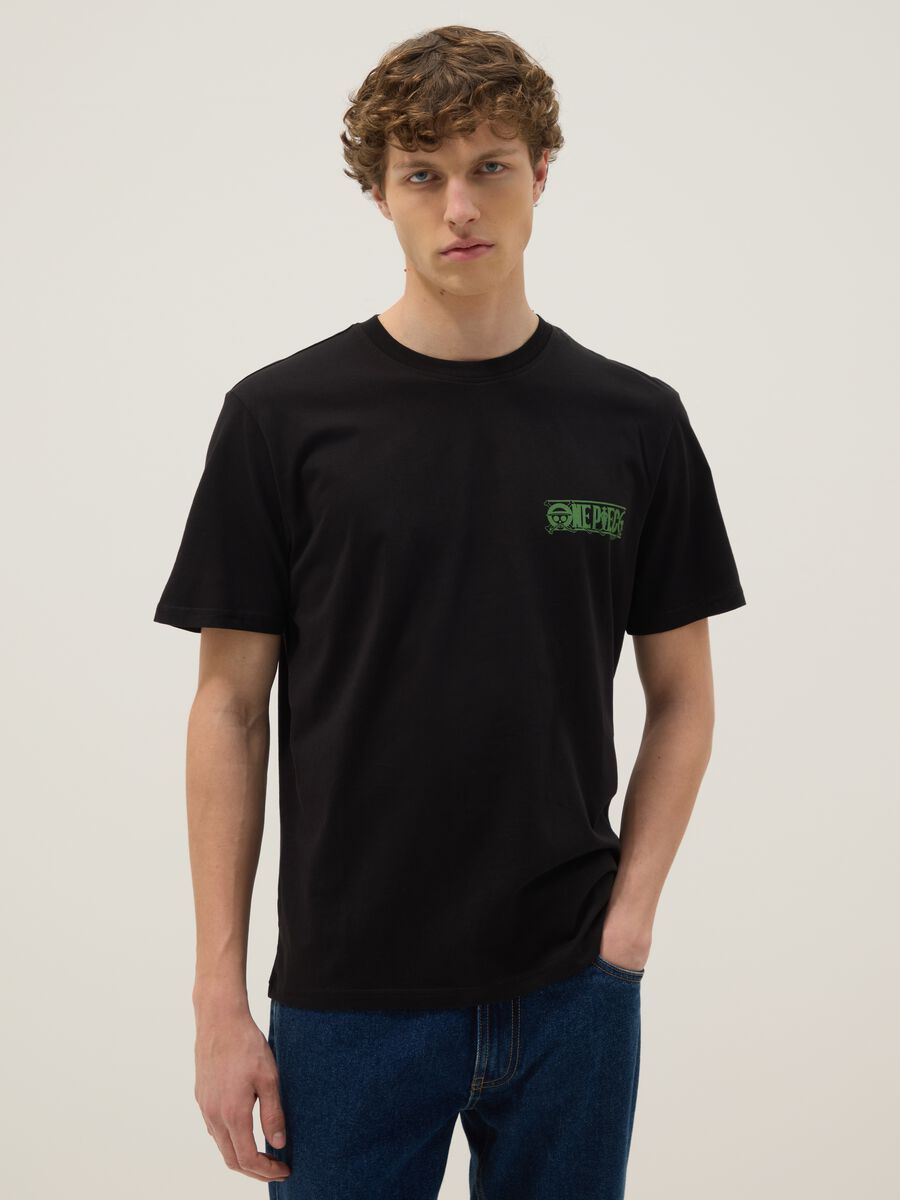 T-shirt nera con stampa One Piece in puro cotone relaxed fit_0