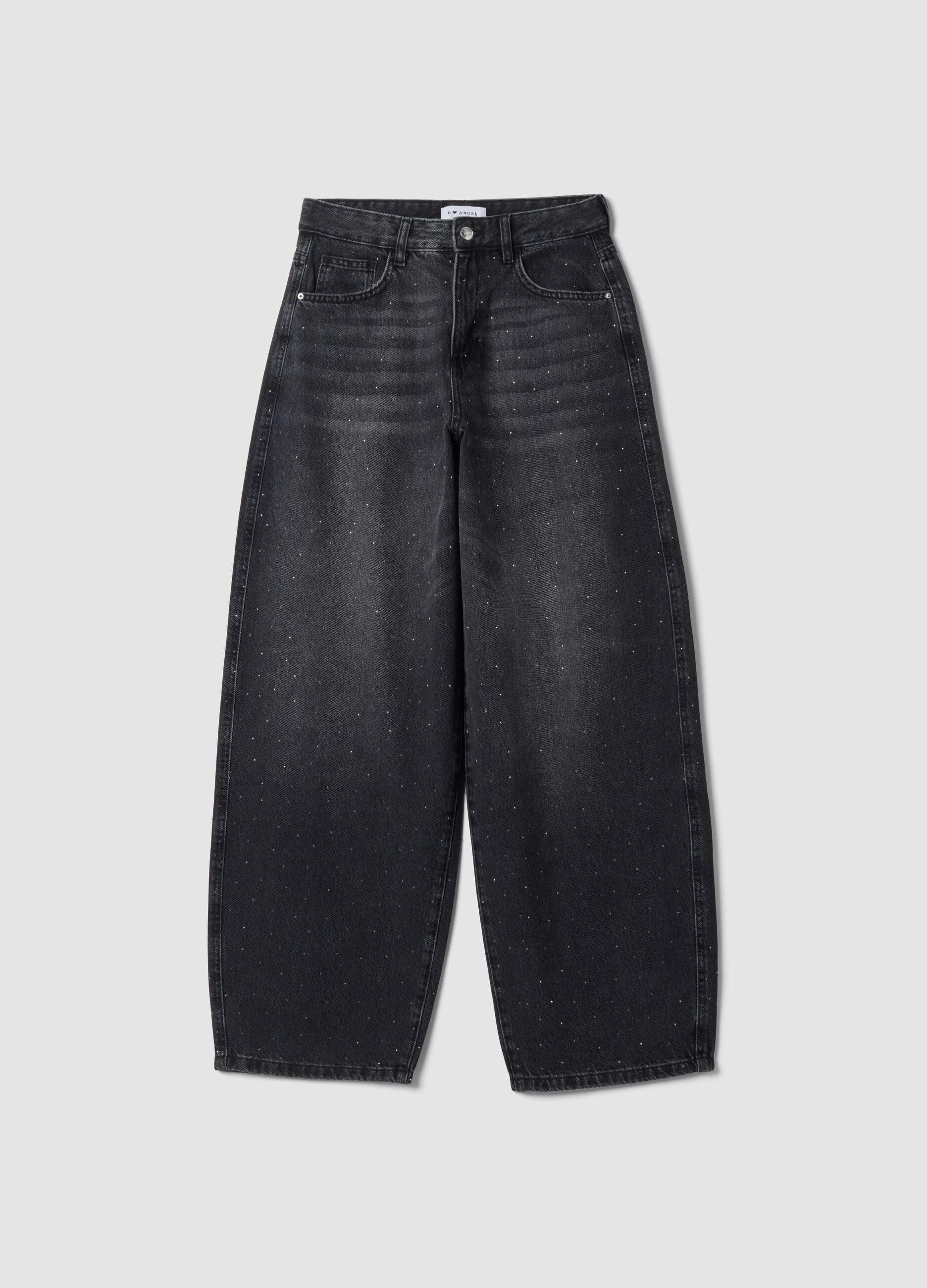 Black pure-cotton skater-fit jeans with rhinestones