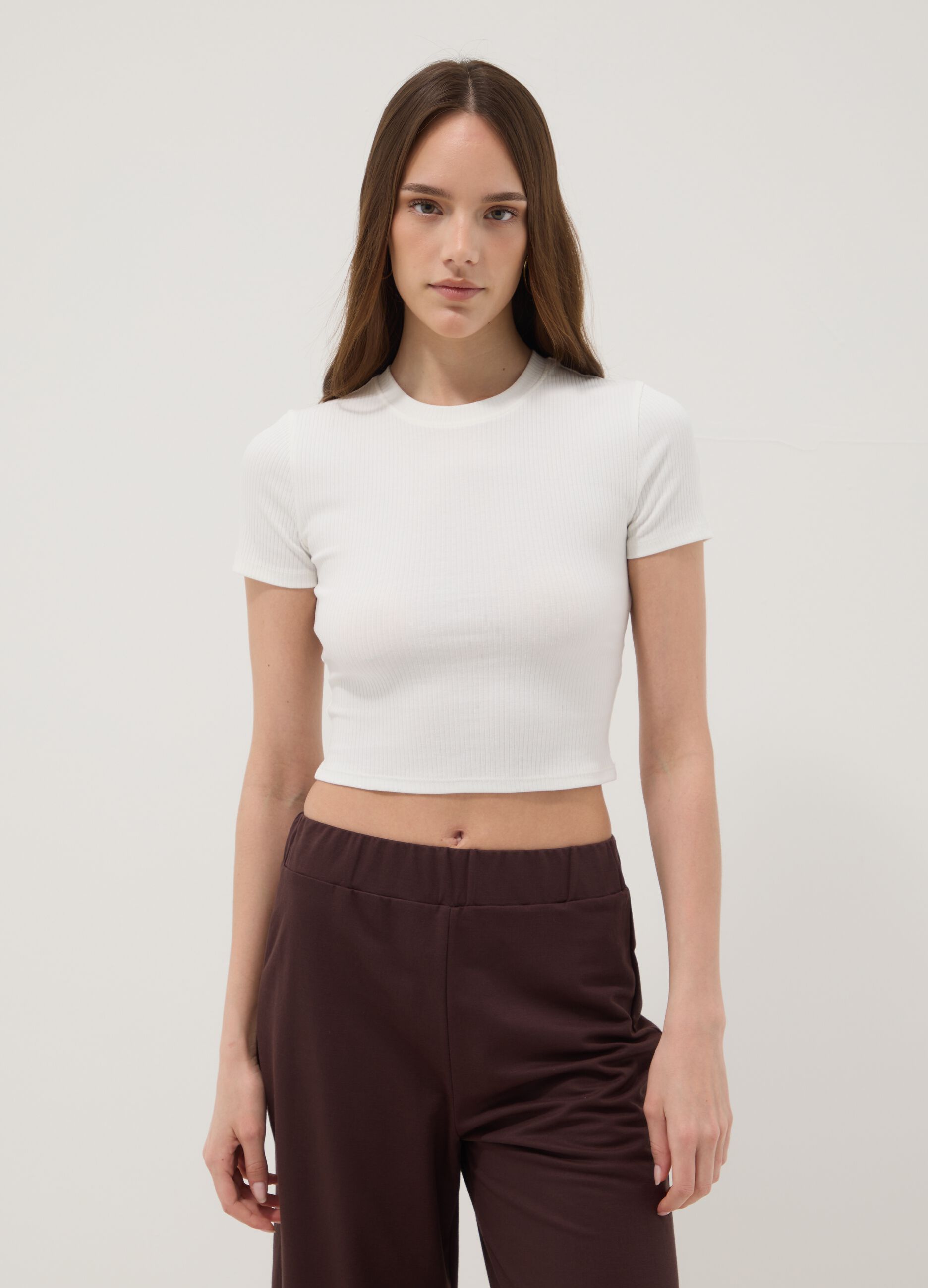 White ribbed fitted T-shirt in stretch cotton
