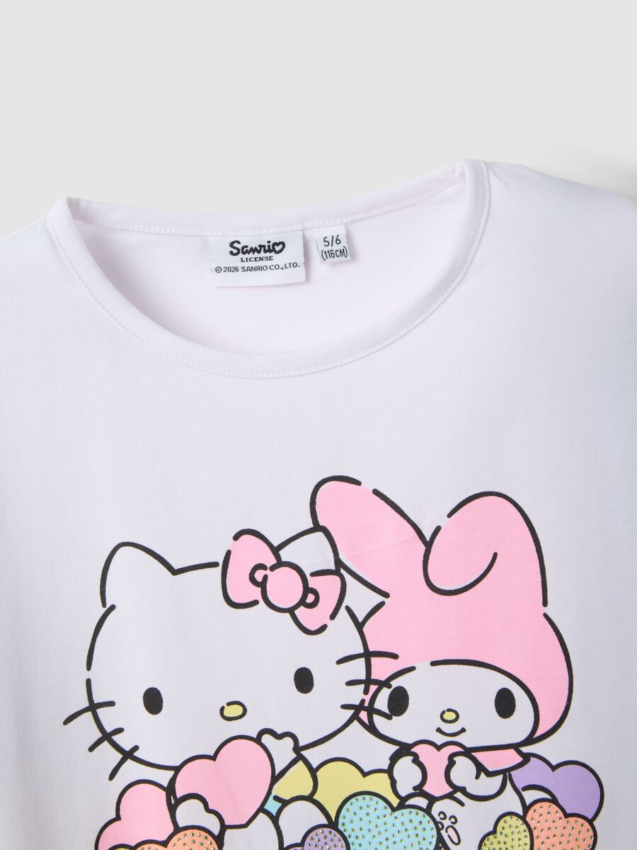 Girls' White Stretch Cotton T-shirt with Hello Kitty_2