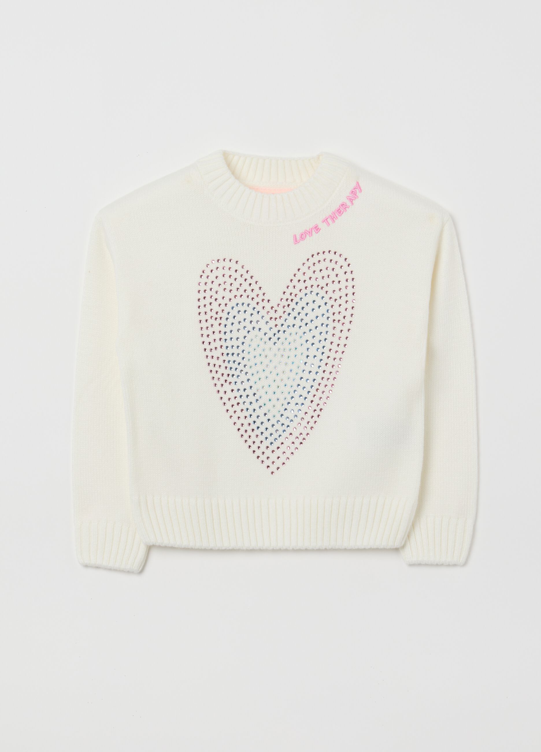 Girls' White Regular Fit Sweater with Rhinestones