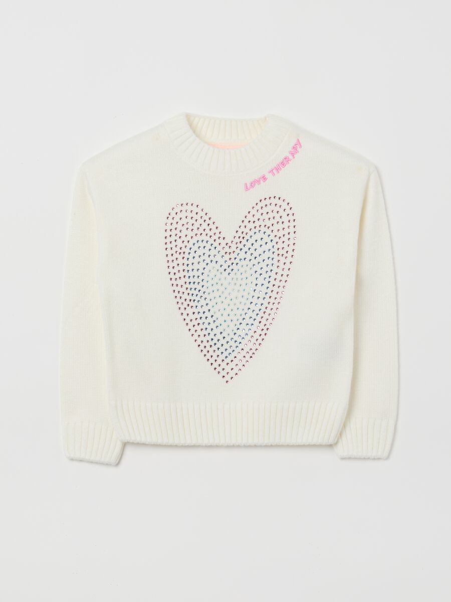 Girls' White Regular Fit Sweater with Rhinestones_0