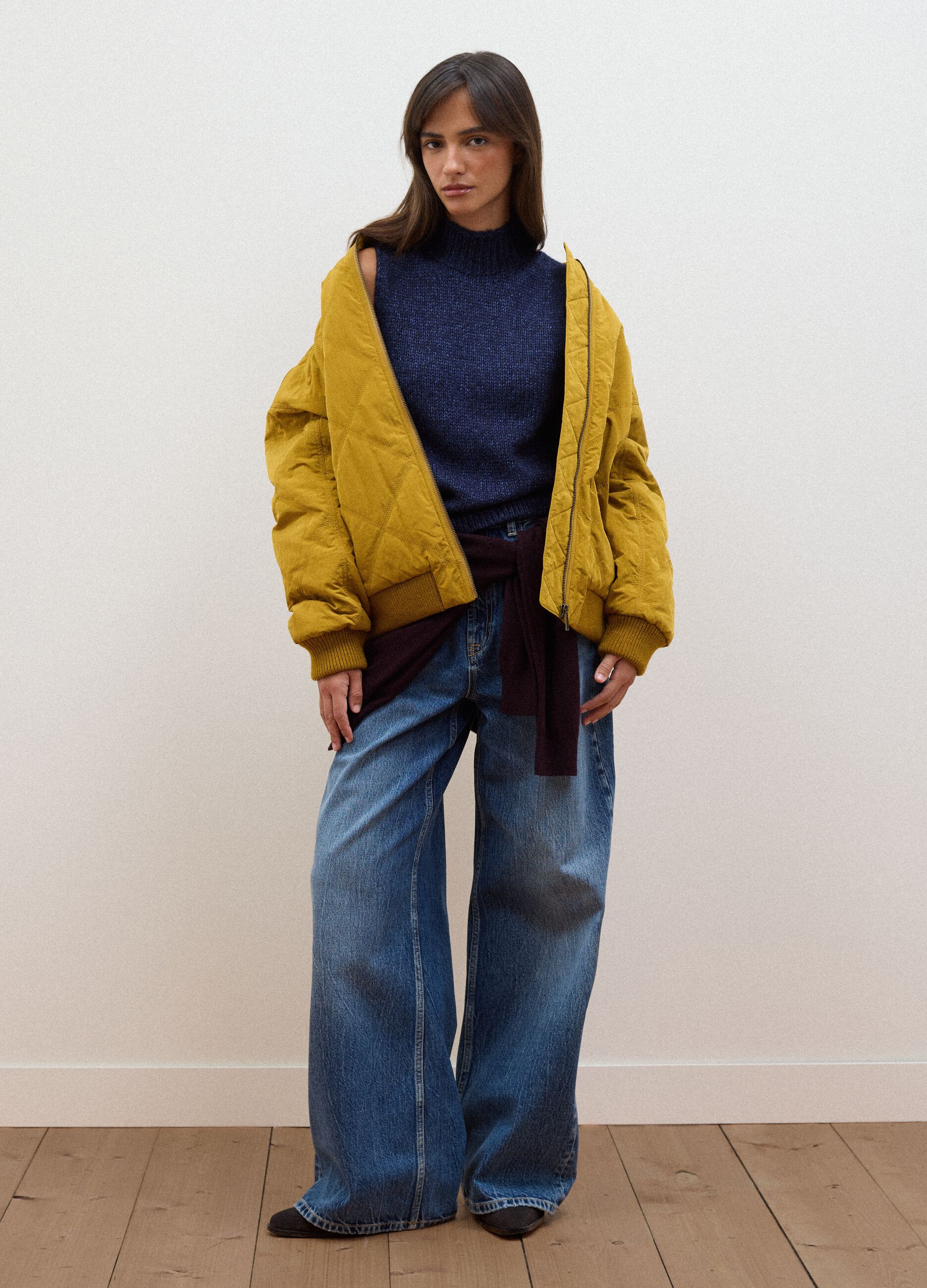 Yellow quilted zip-up bomber jacket, regular fit