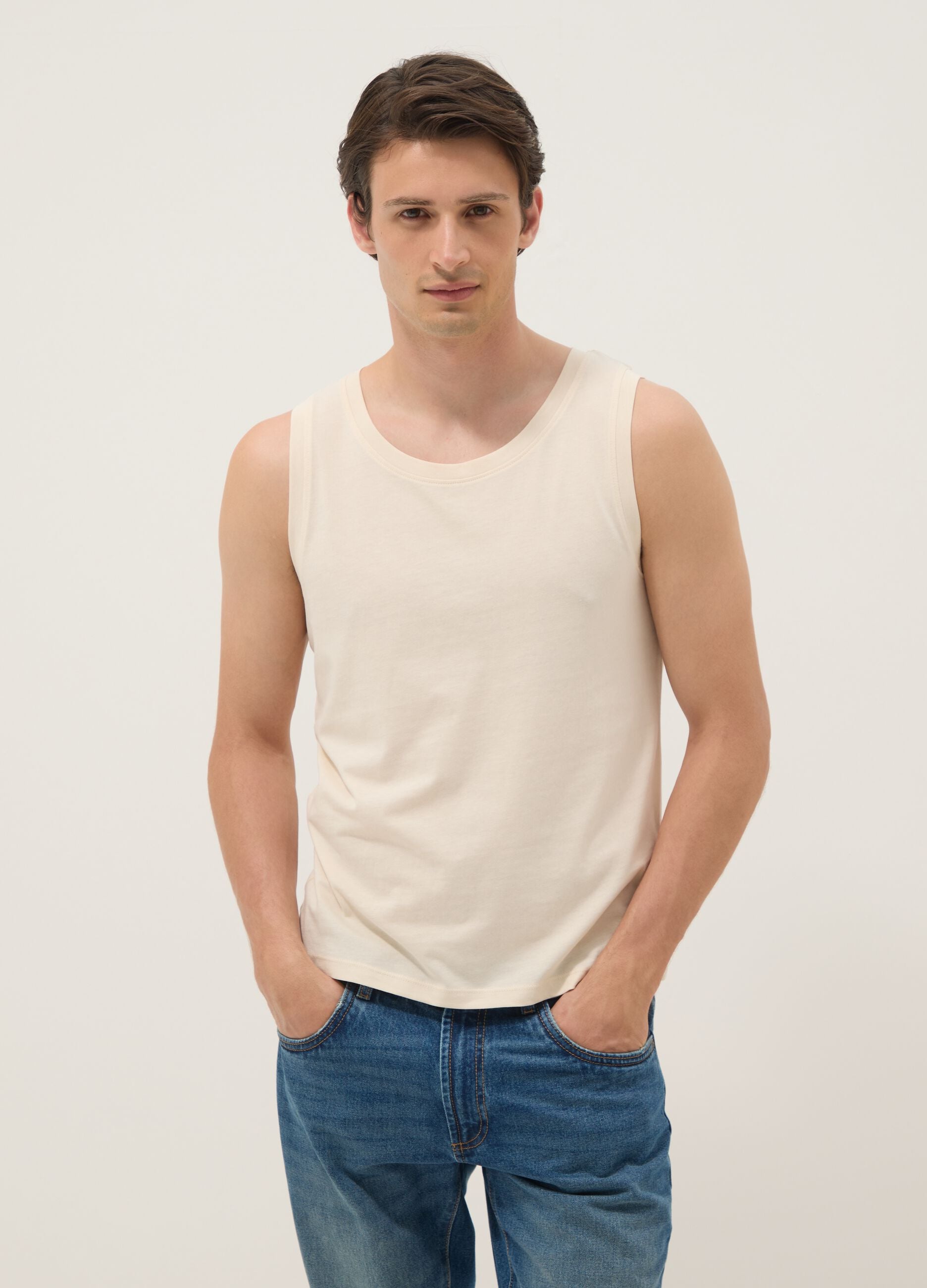 Canotta girocollo beige in puro cotone regular fit