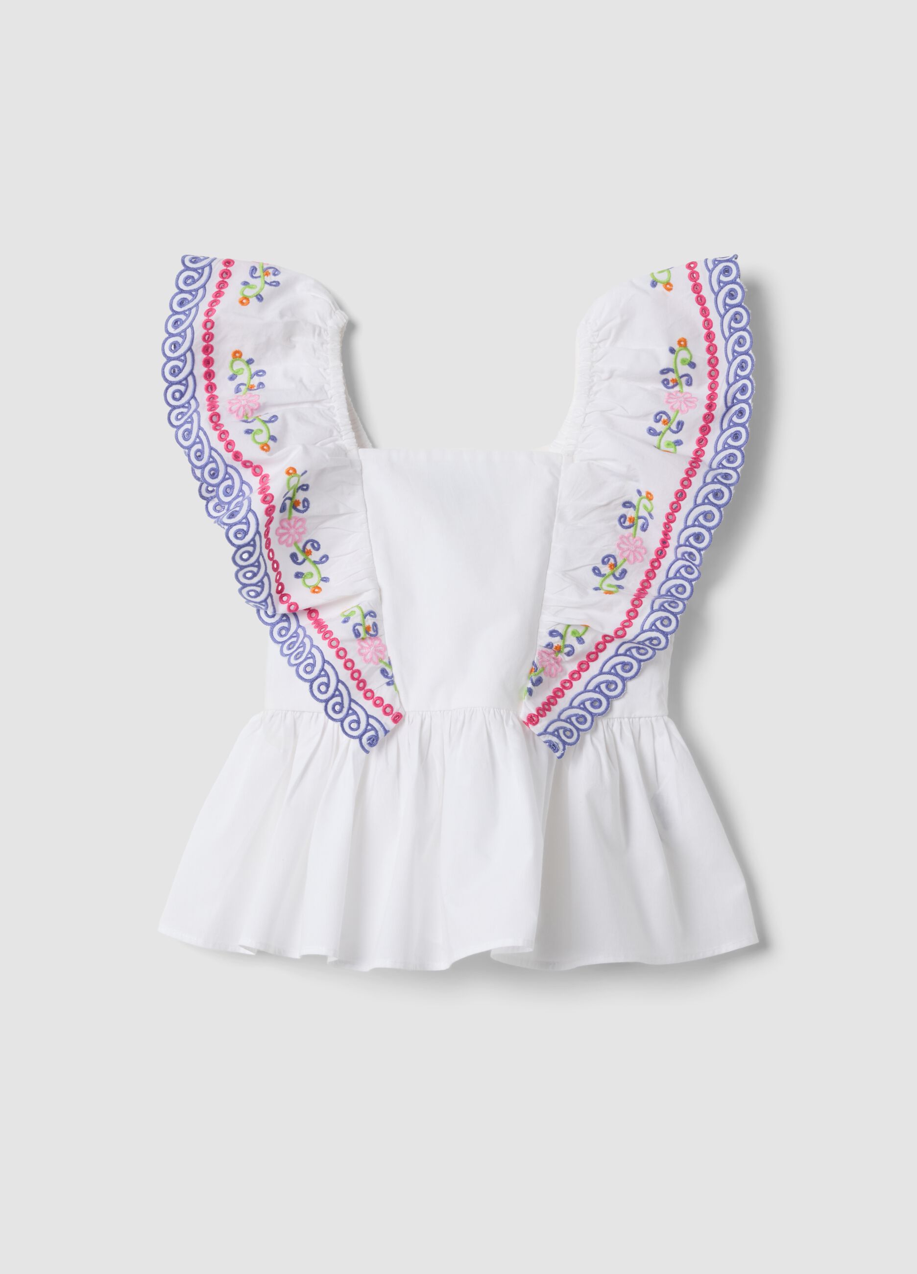 Tank top bianco in puro cotone con volant ricamati regular fit