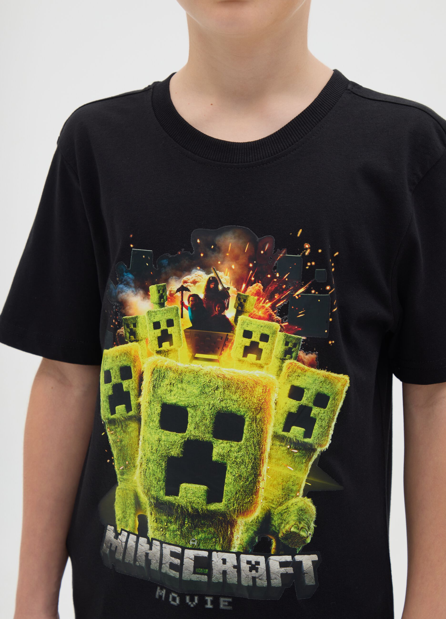 T-shirt da ragazzo in puro cotone nero regular fit stampa Minecraft