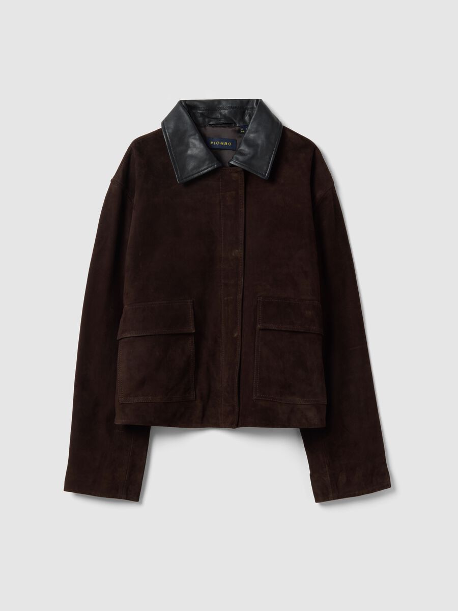 Brown regular fit genuine leather jacket with contrasting collar_0