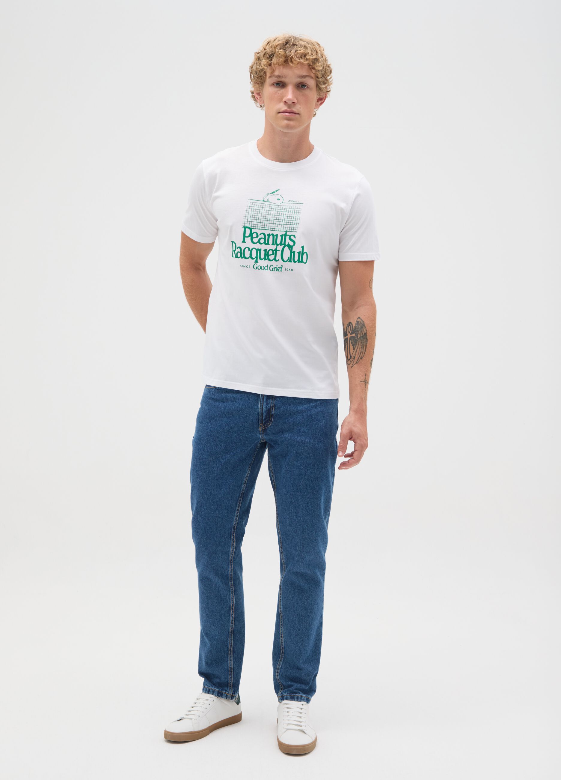 T-shirt da uomo in puro cotone bianca regular fit con stampa Peanuts