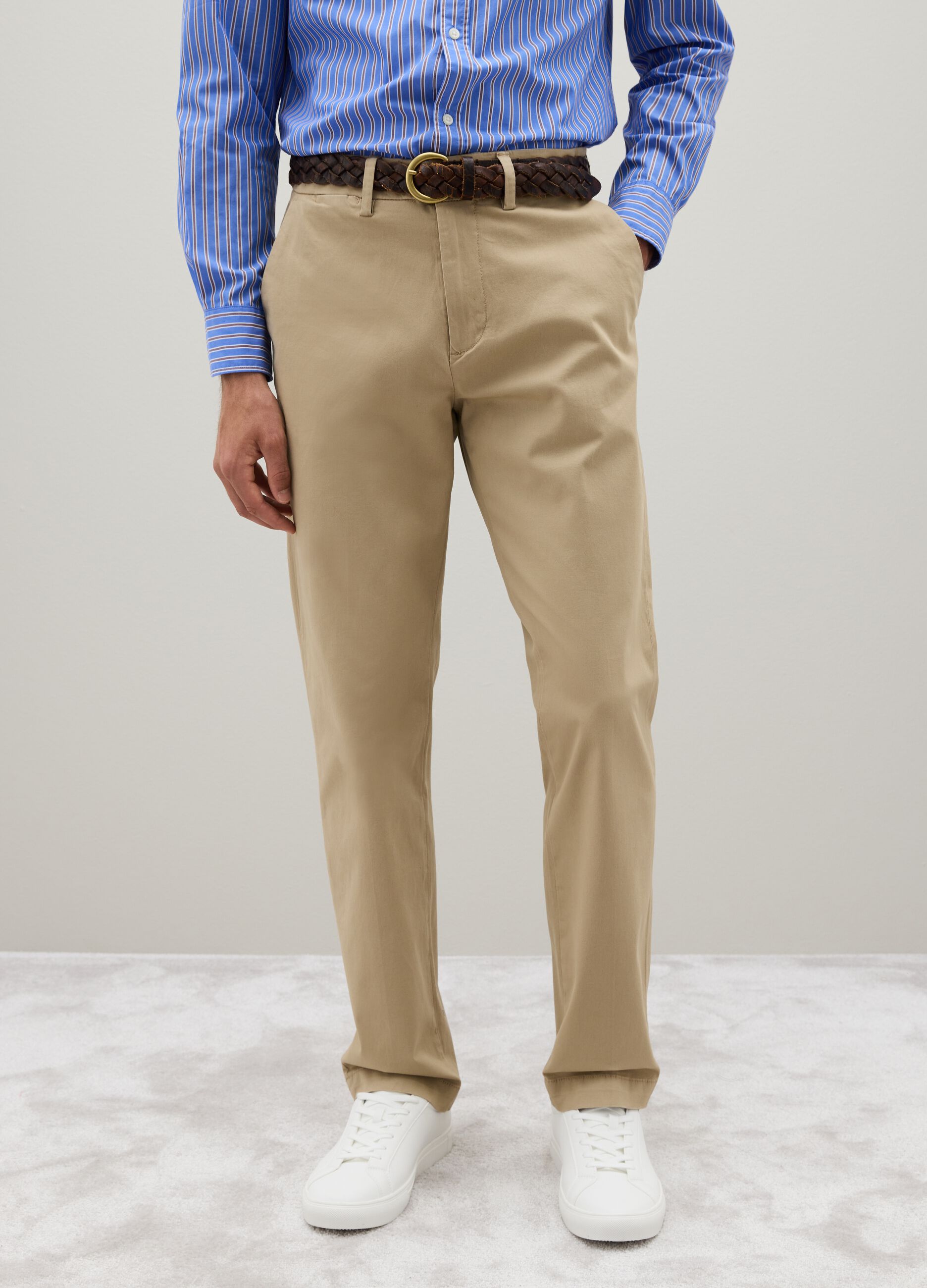 Beige Regular Fit Stretch Cotton Trousers