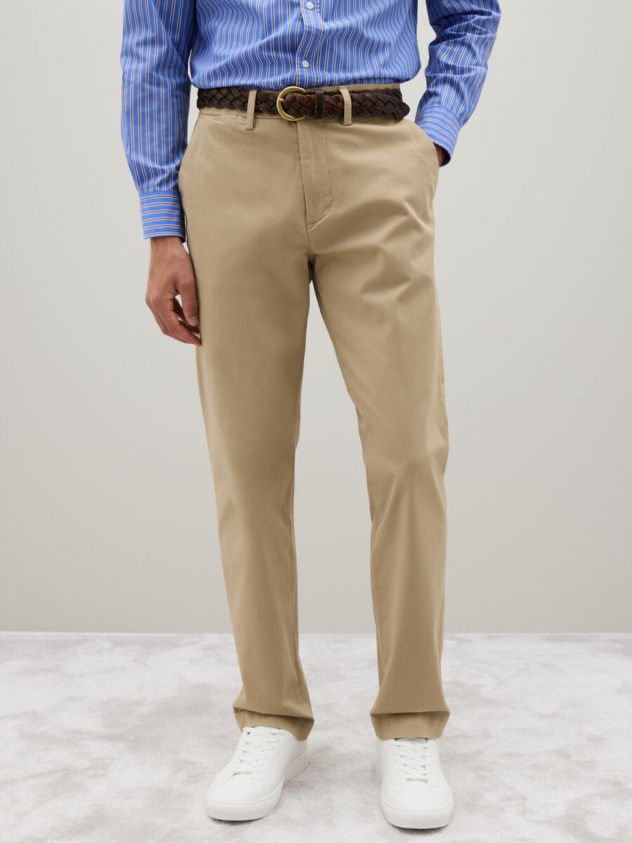Beige Regular Fit Stretch Cotton Trousers_1
