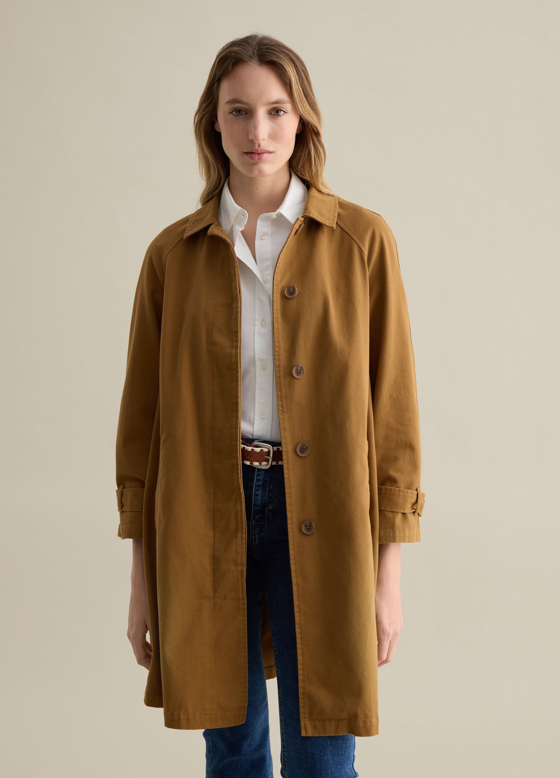 Beige trench coat in cotton canvas