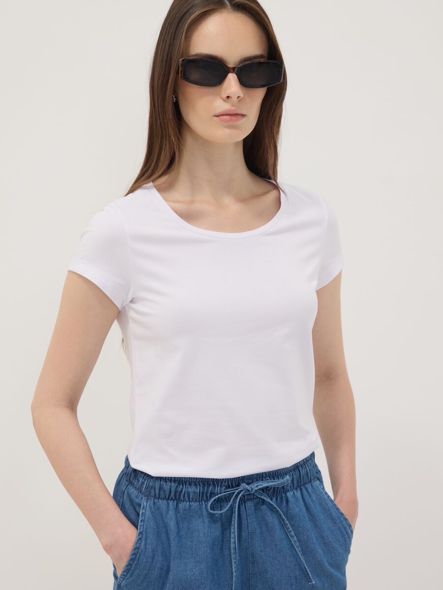 White stretch cotton crew-neck T-shirt, regular fit_0