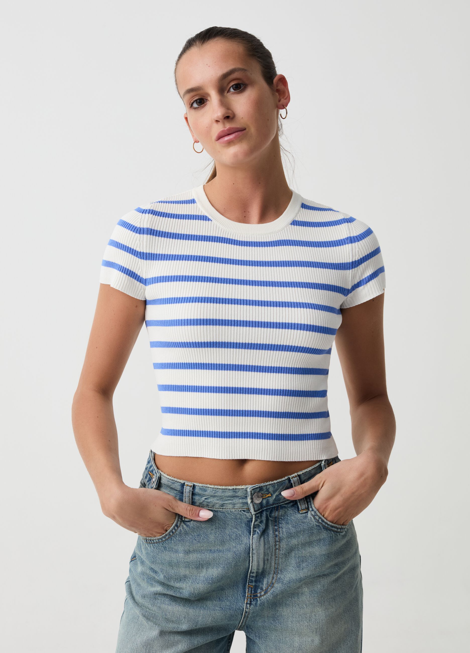 Ribbed crop T-shirt with striped pattern