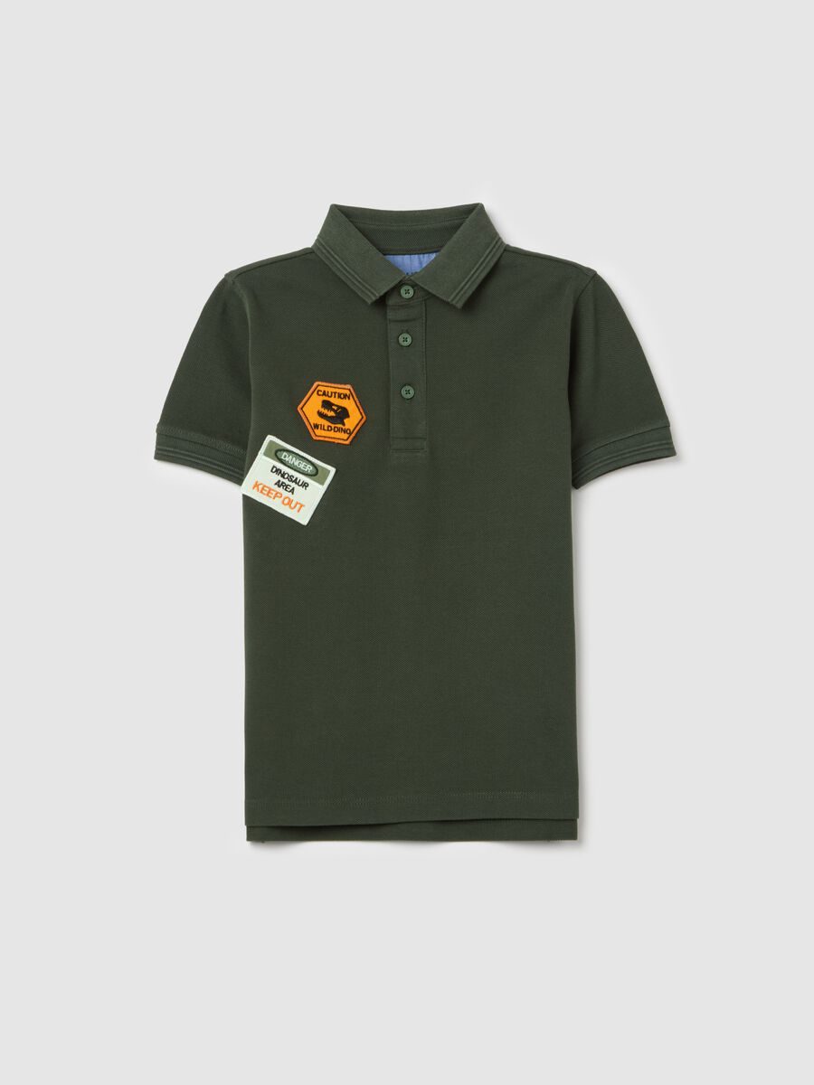 Piquet polo shirt with patch and "Going to Discover" print_0