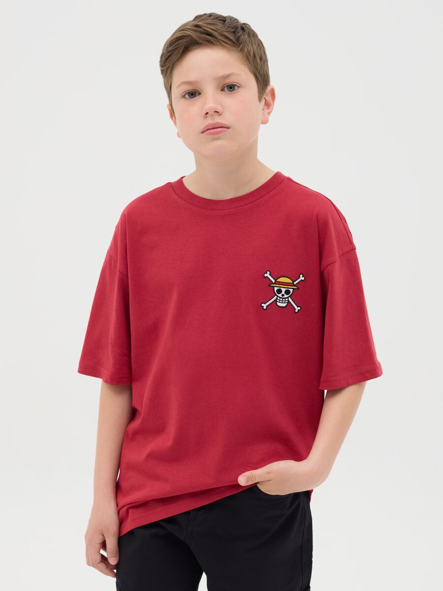 Red Cotton Children's T-shirt with Monkey D. Luffy Print_0