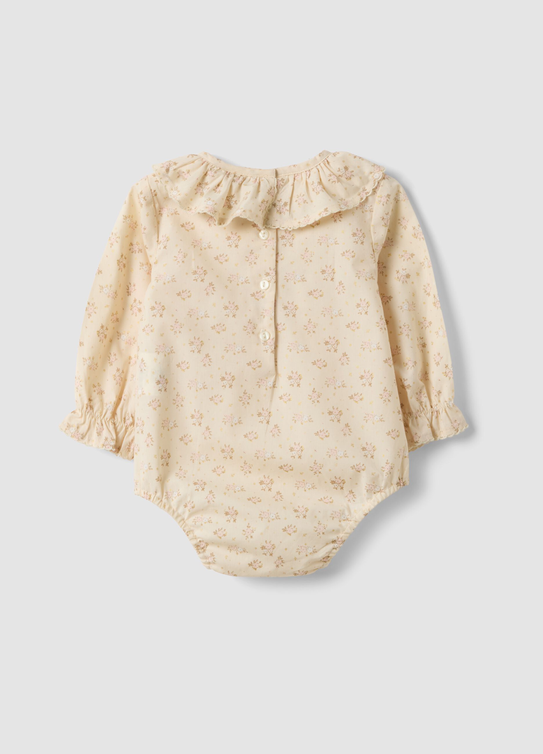 Beige pure cotton baby girl bodysuit with frill collar and floral print