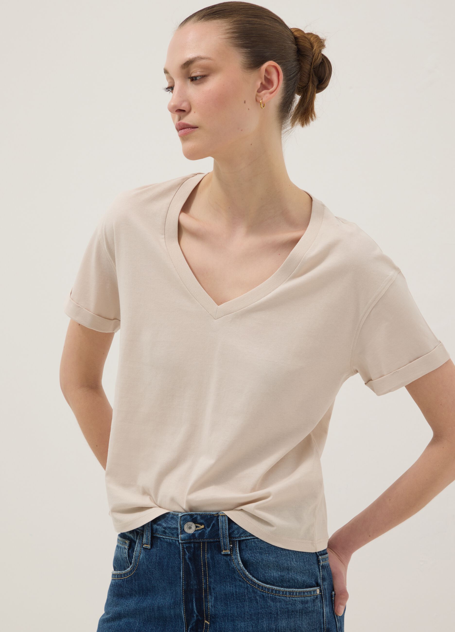 Beige pure cotton relaxed-fit V-neck T-shirt