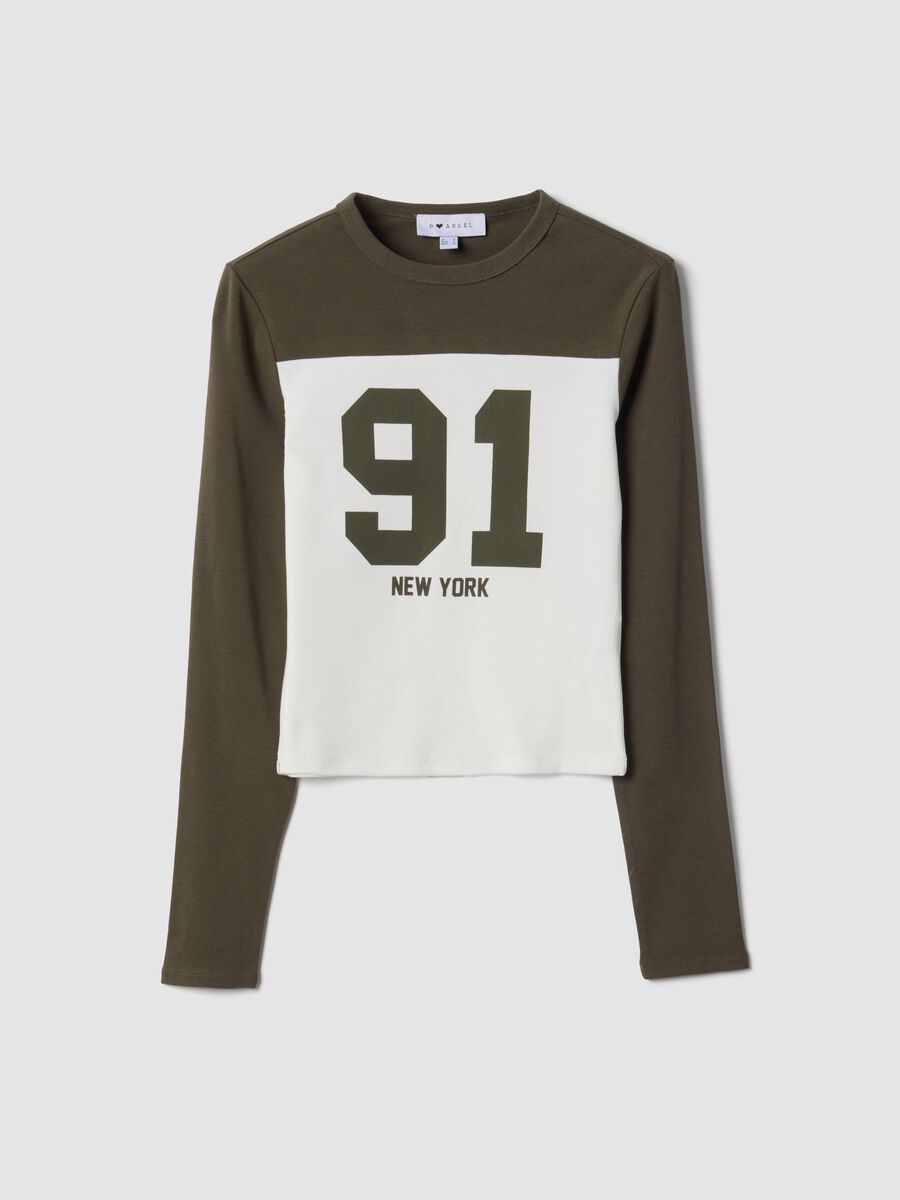 Brown and white stretch cotton T-shirt with front print_0
