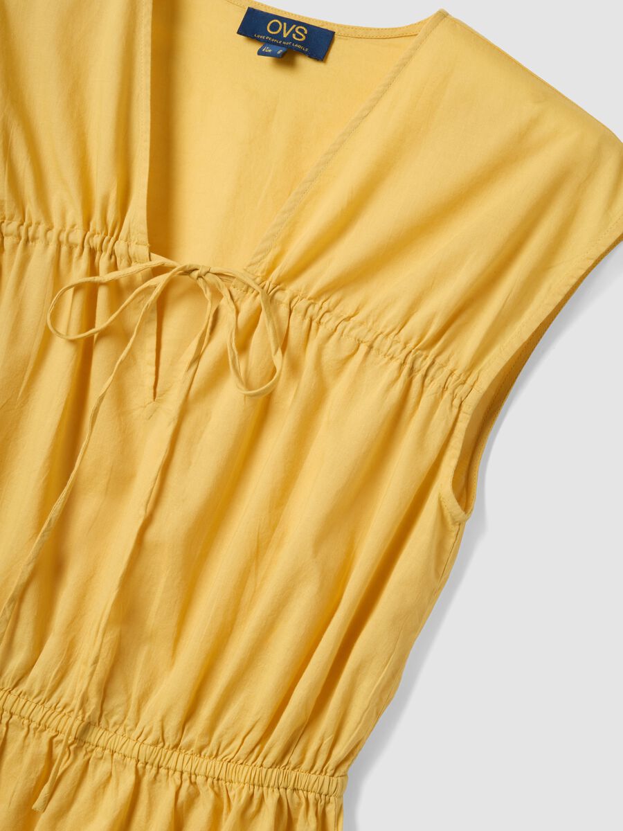 Yellow pure cotton regular-fit dress with V-neck and tie fastening_5