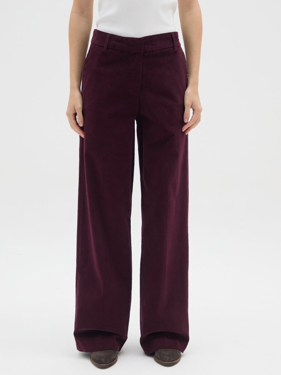 Regular fit red cotton and velvet trousers_1