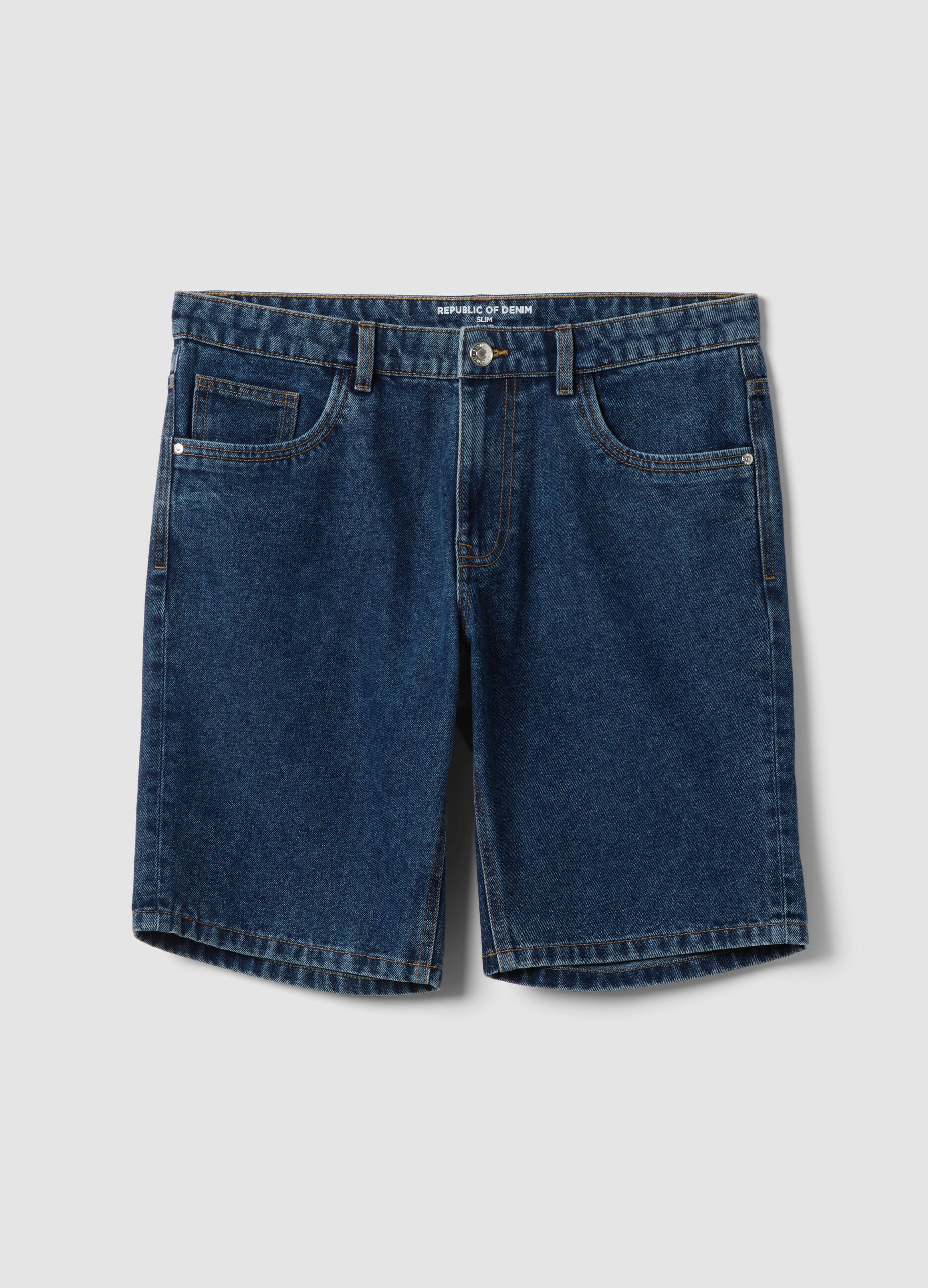 Slim Fit Blue Denim Cotton Blend Shorts
