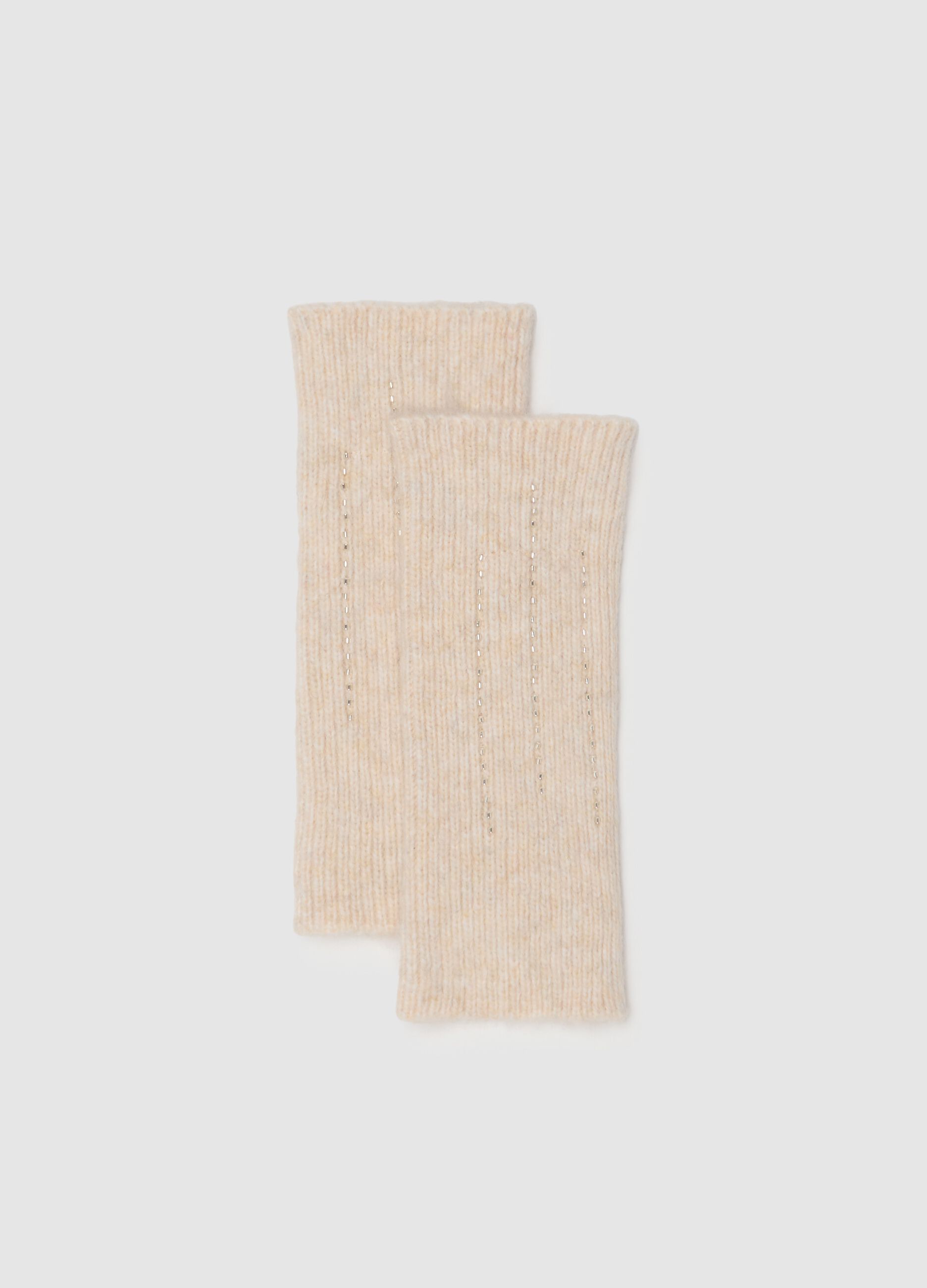 Tan fingerless wool blend gloves