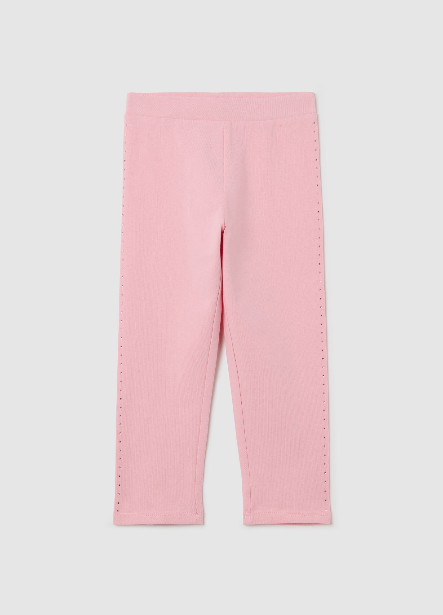 Leggings rosa a tre quarti in cotone stretch con strass