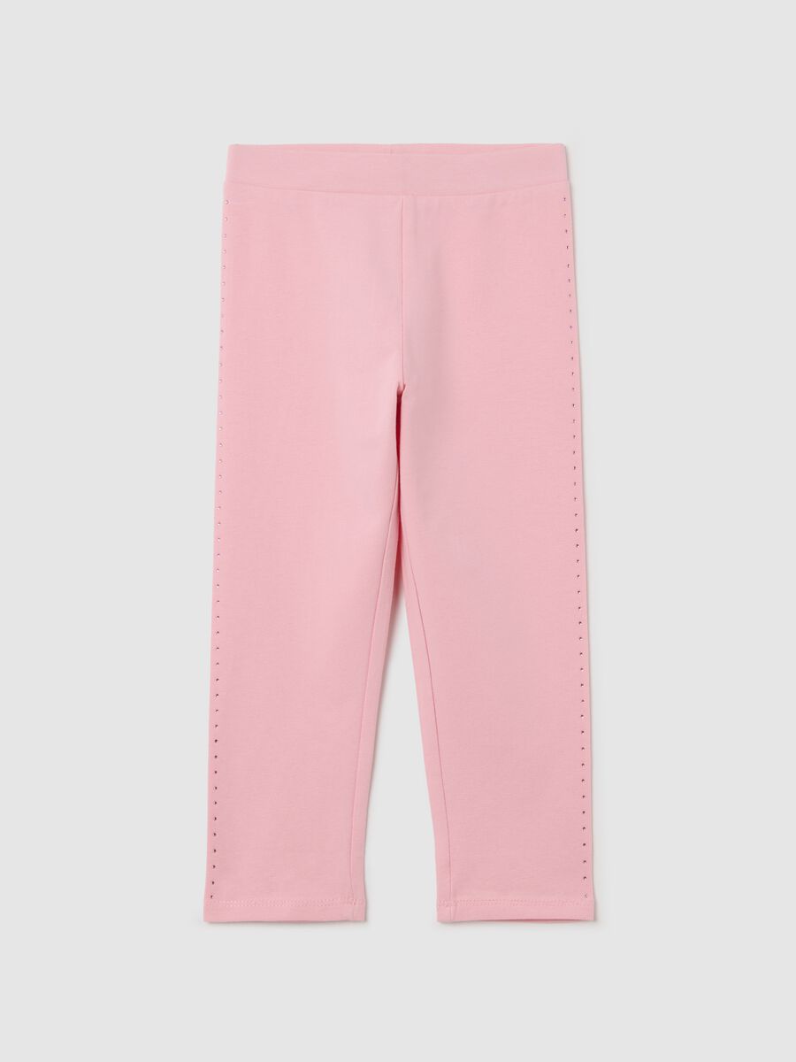 Pink three-quarter leggings in stretch cotton with diamantés_0