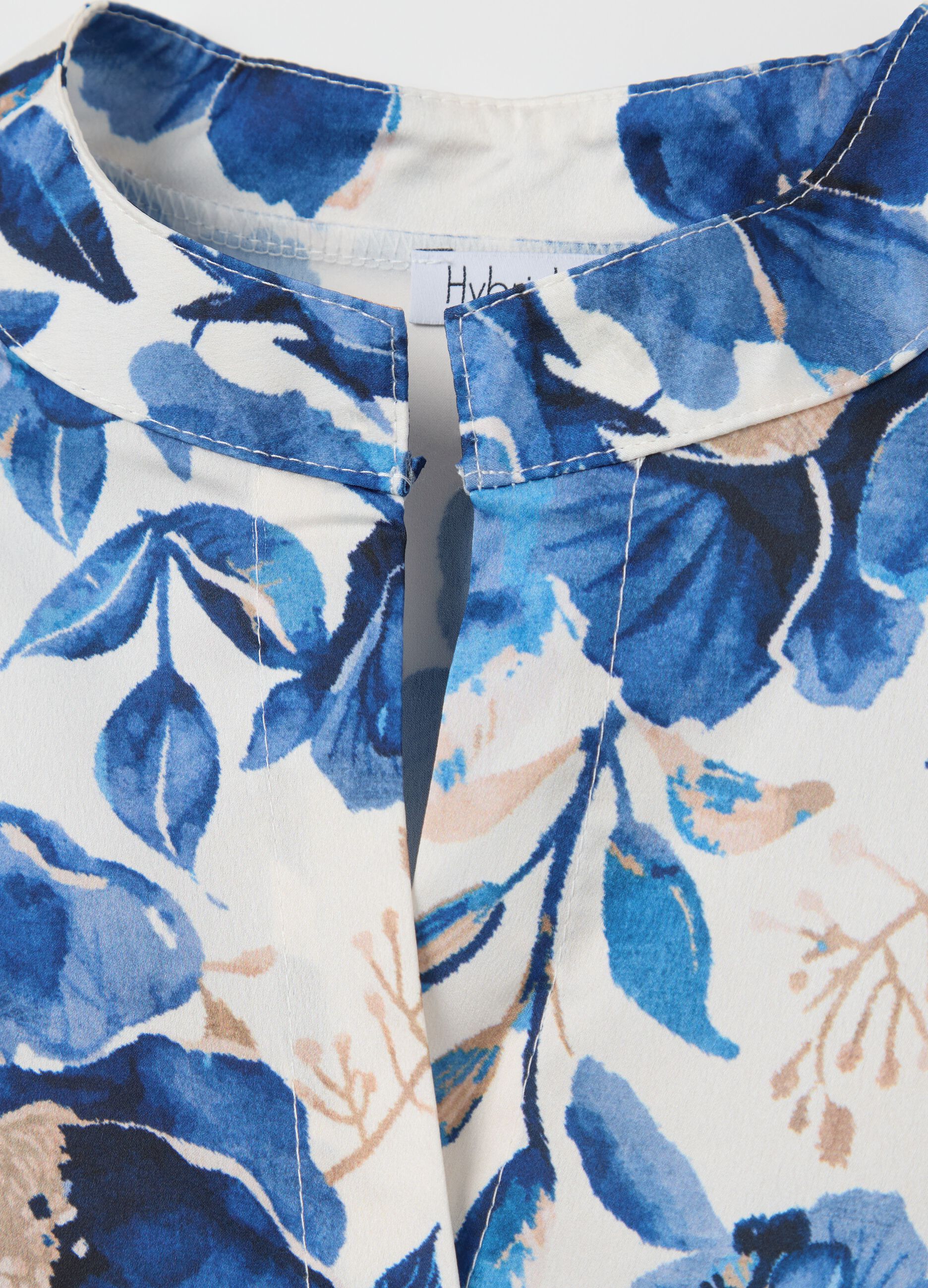 White and blue floral blouse with kimono sleeves