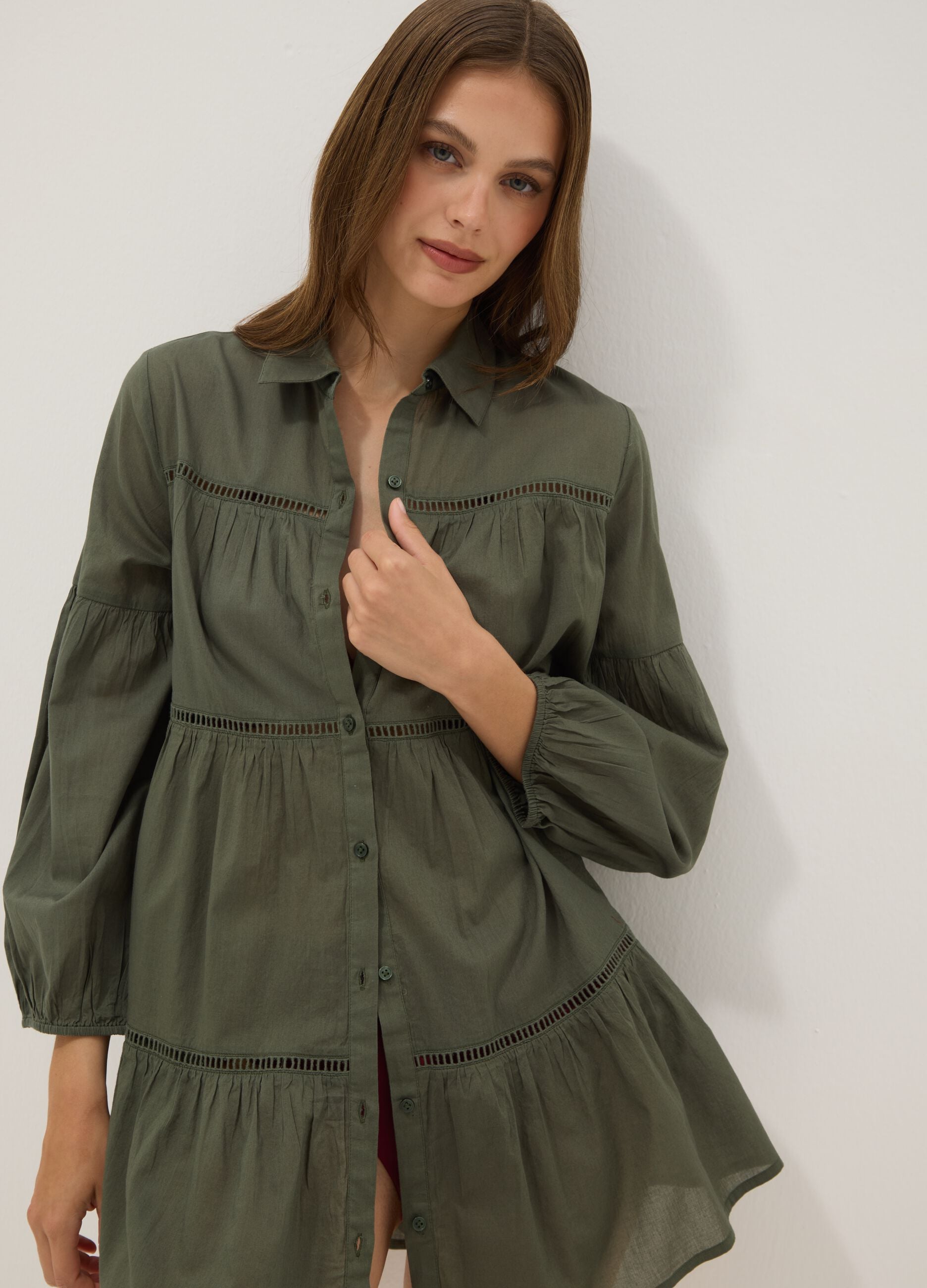 Green pure organic cotton kaftan with ruffles and broderie inserts