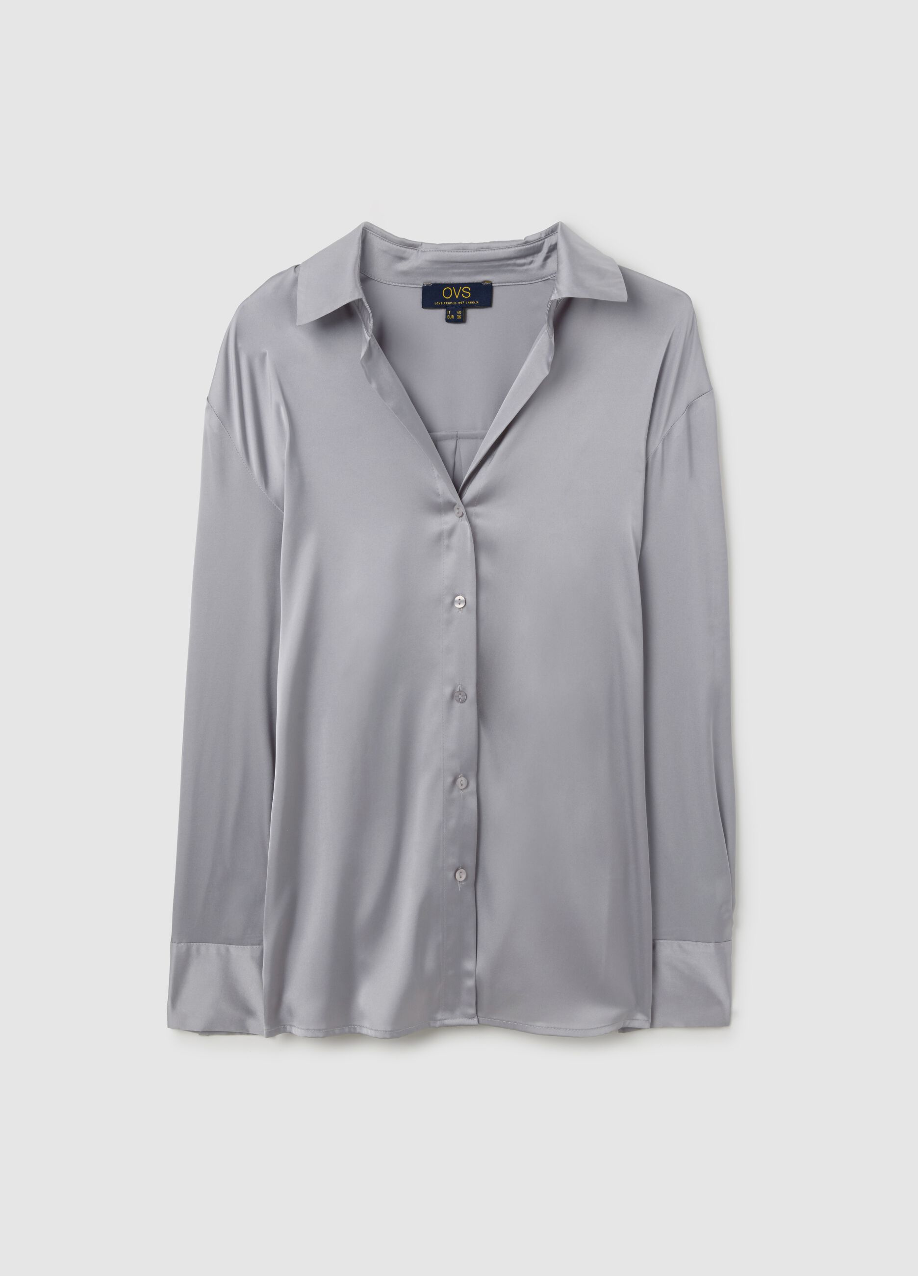 Long-sleeved grey satin shirt