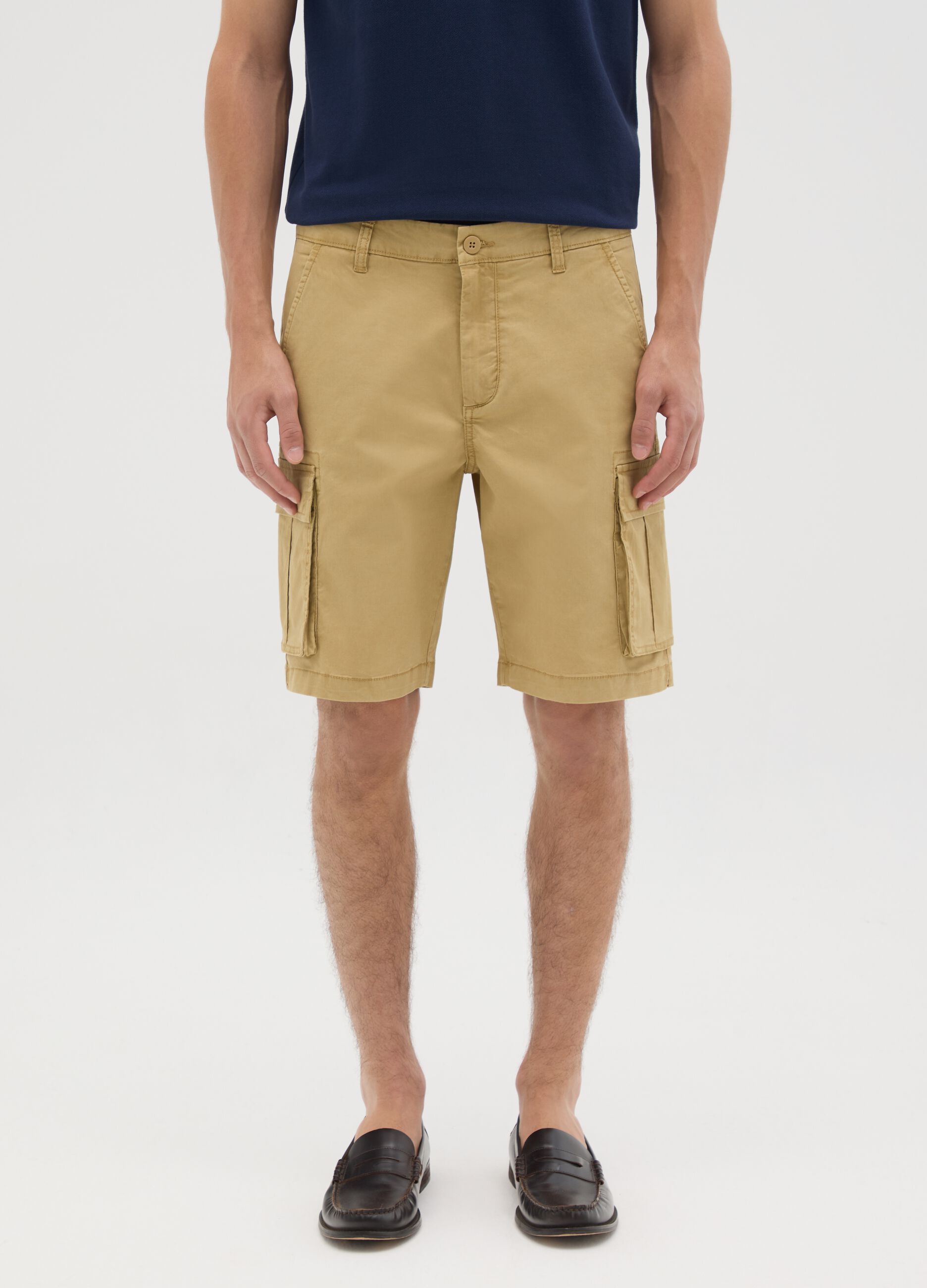 Men's beige stretch cotton regular fit bermuda shorts