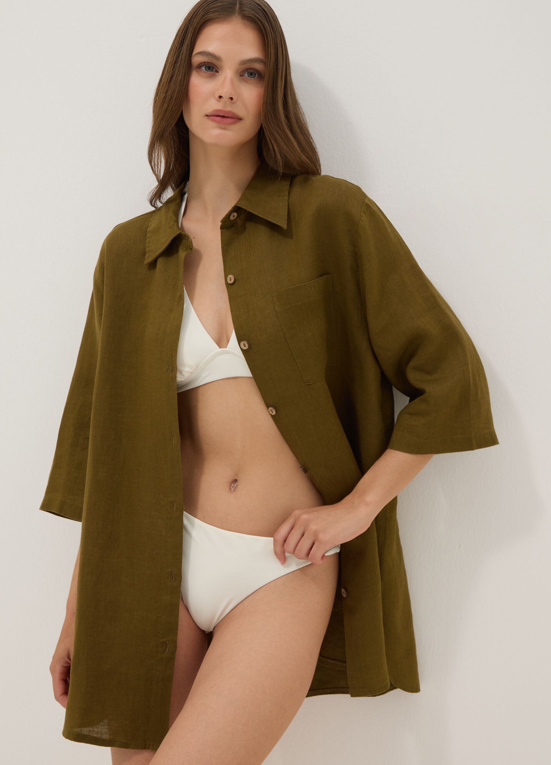 Green pure linen beach cover-up