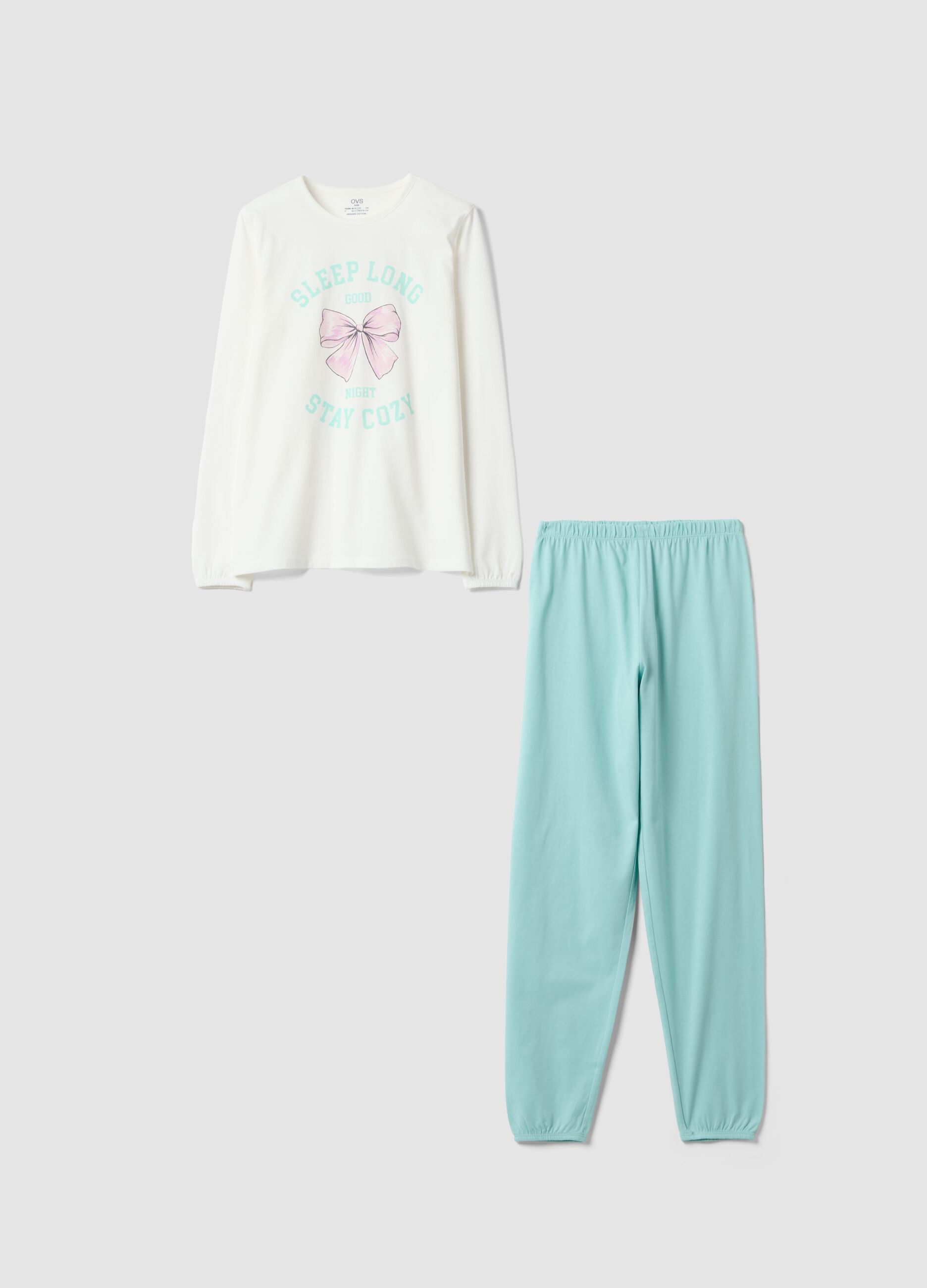 White organic cotton jersey pyjamas with print and green trousers
