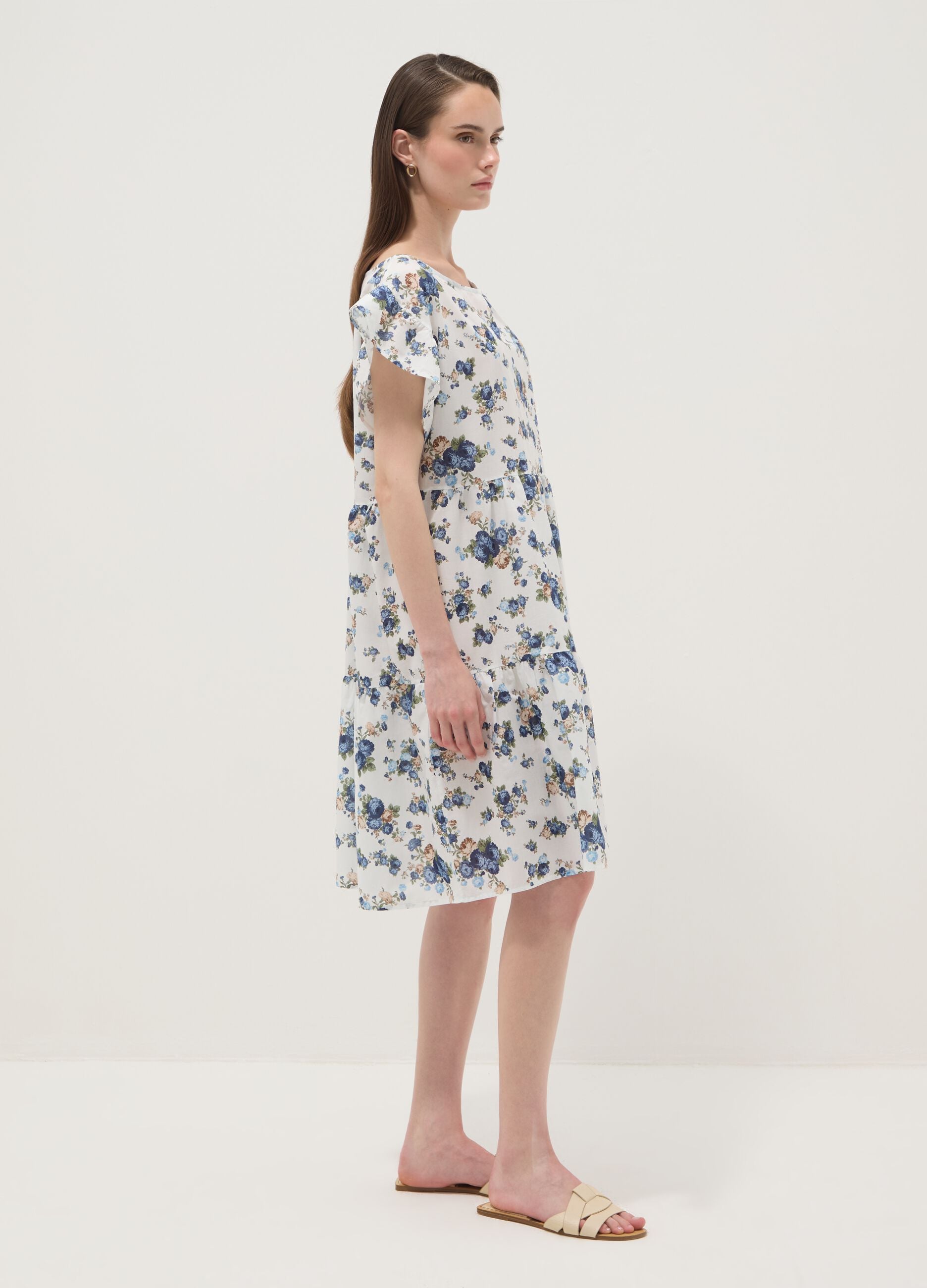 White pure cotton floral dress with ruffle sleeves