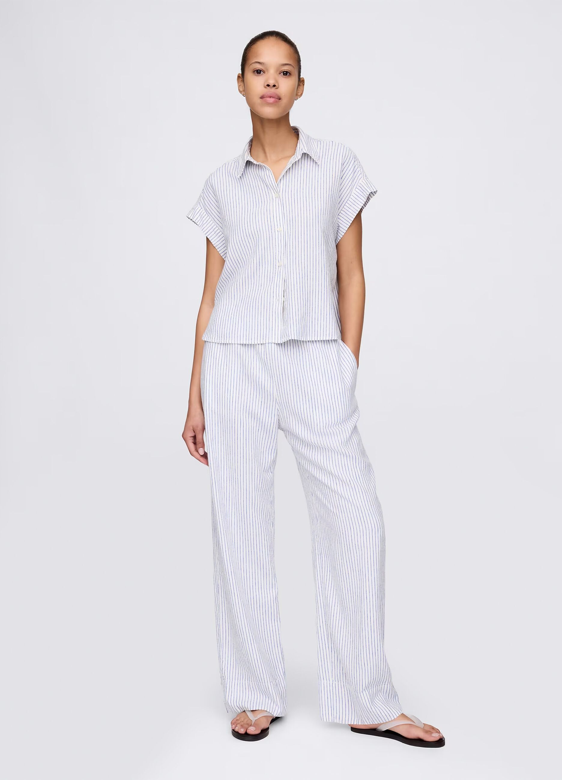 Light blue and white striped shirt in linen and viscose