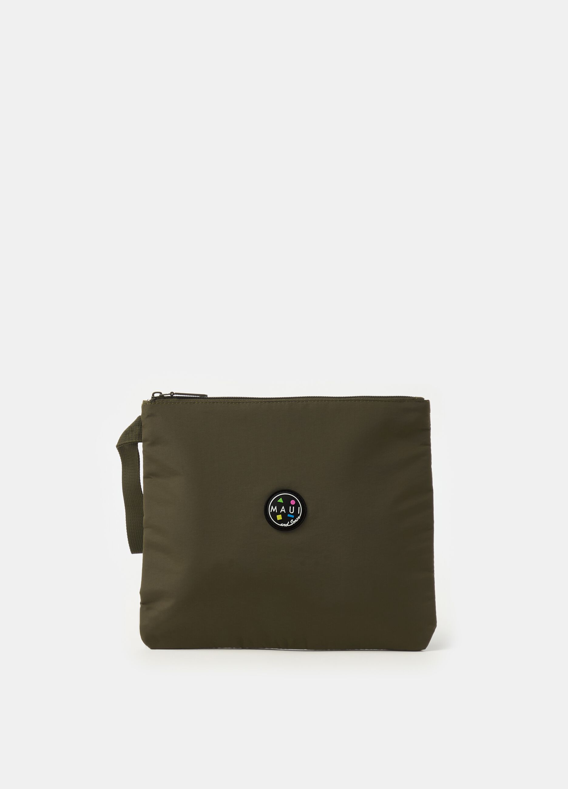 Solid colour clutch bag with logo patch